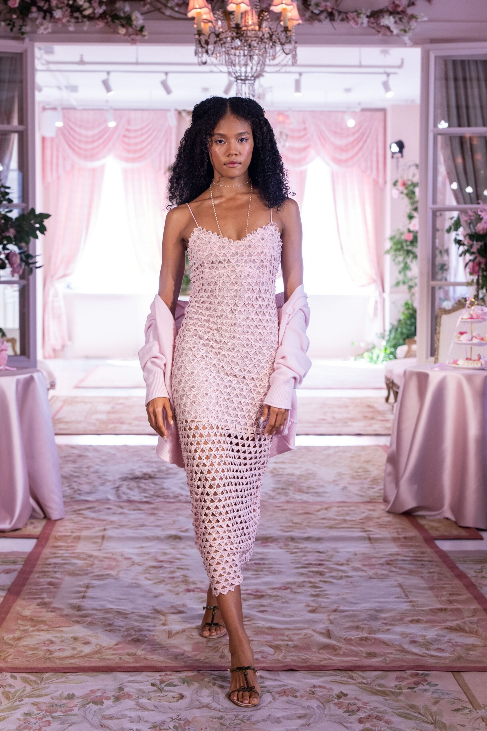pink cotton sleeveless v-neck fitted midi dress