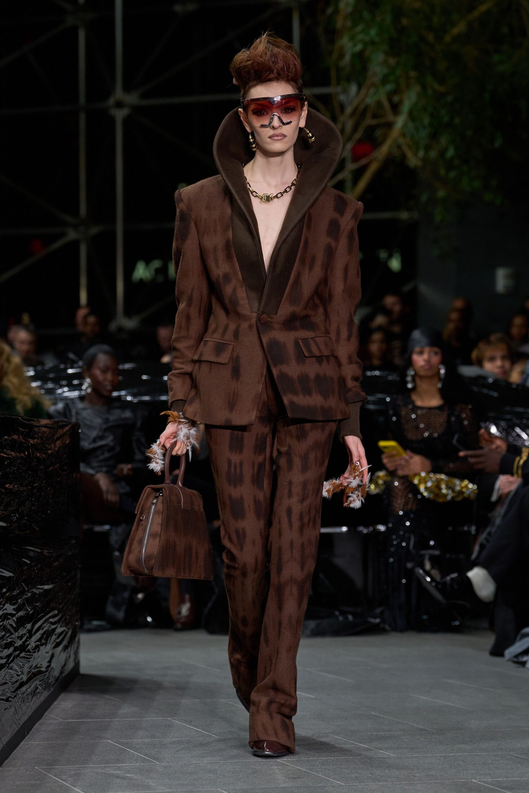 brown wool long-sleeve collared tailored printed suit