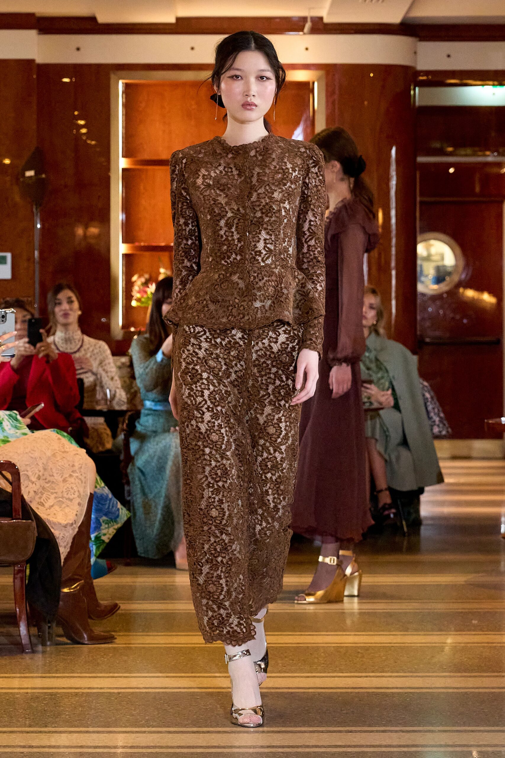 brown lace long-sleeve high-neck fitted embroidered top
