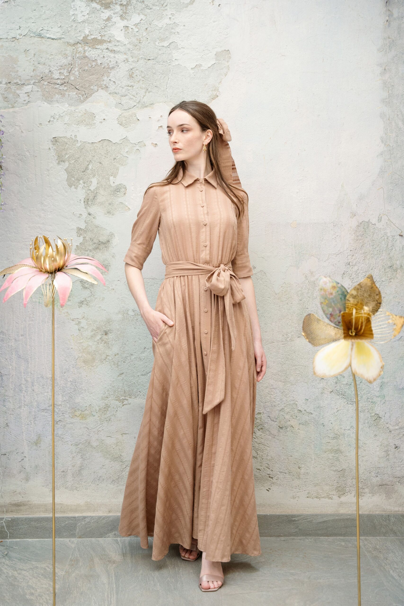 beige silk short-sleeve collared fitted belted pleated dress