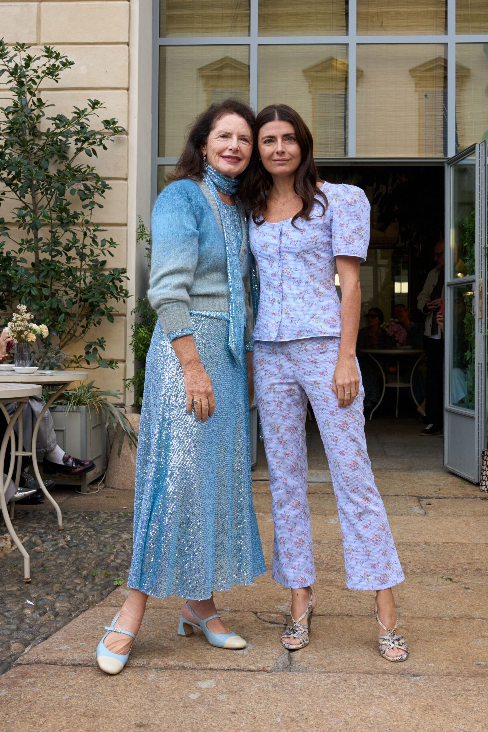 blue sequin midi skirt and cardigan