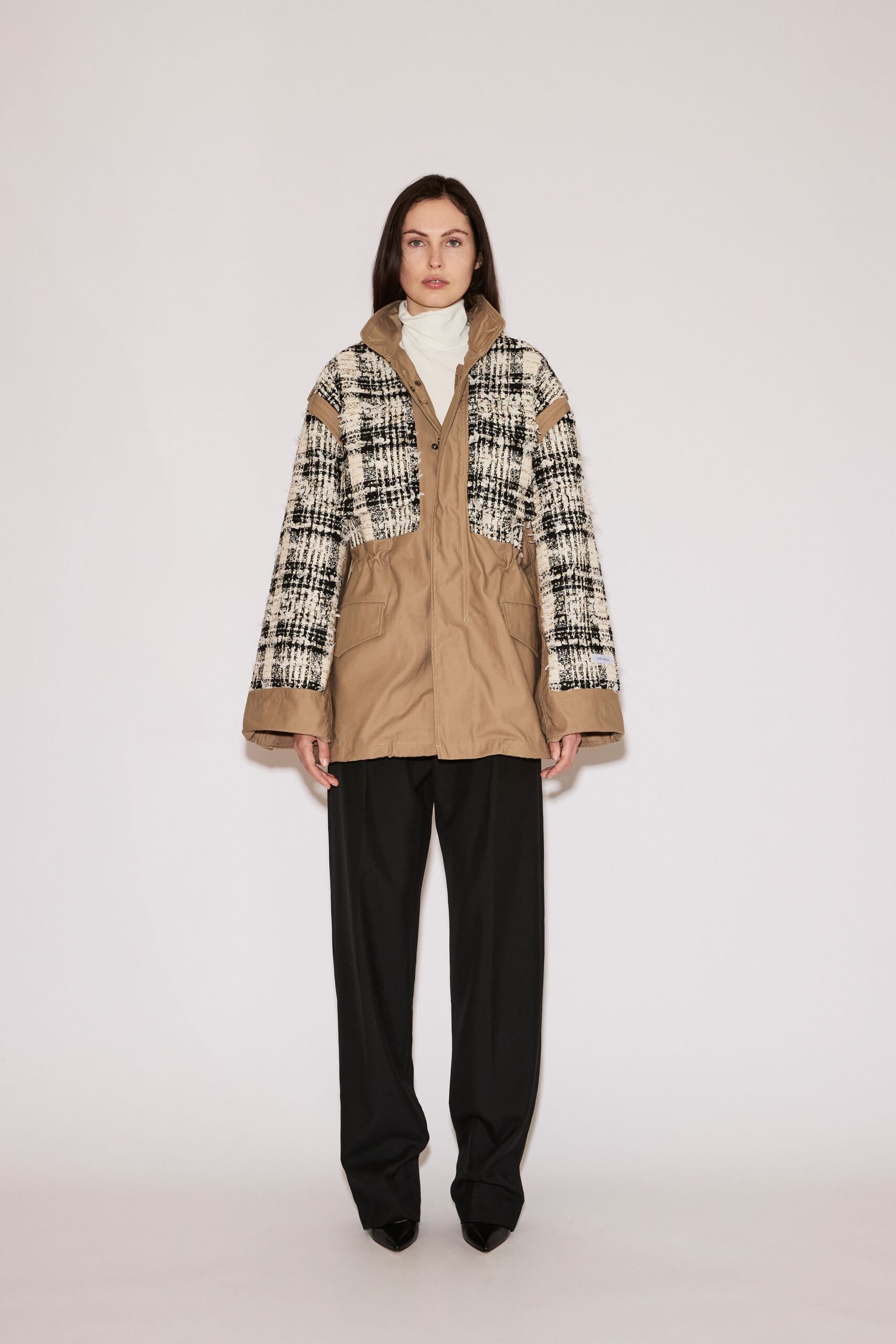 beige checked jacket with black pants