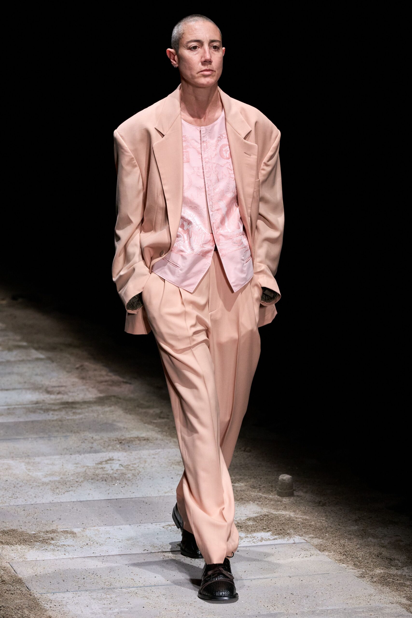 pink silk long-sleeve collared tailored buttoned suit