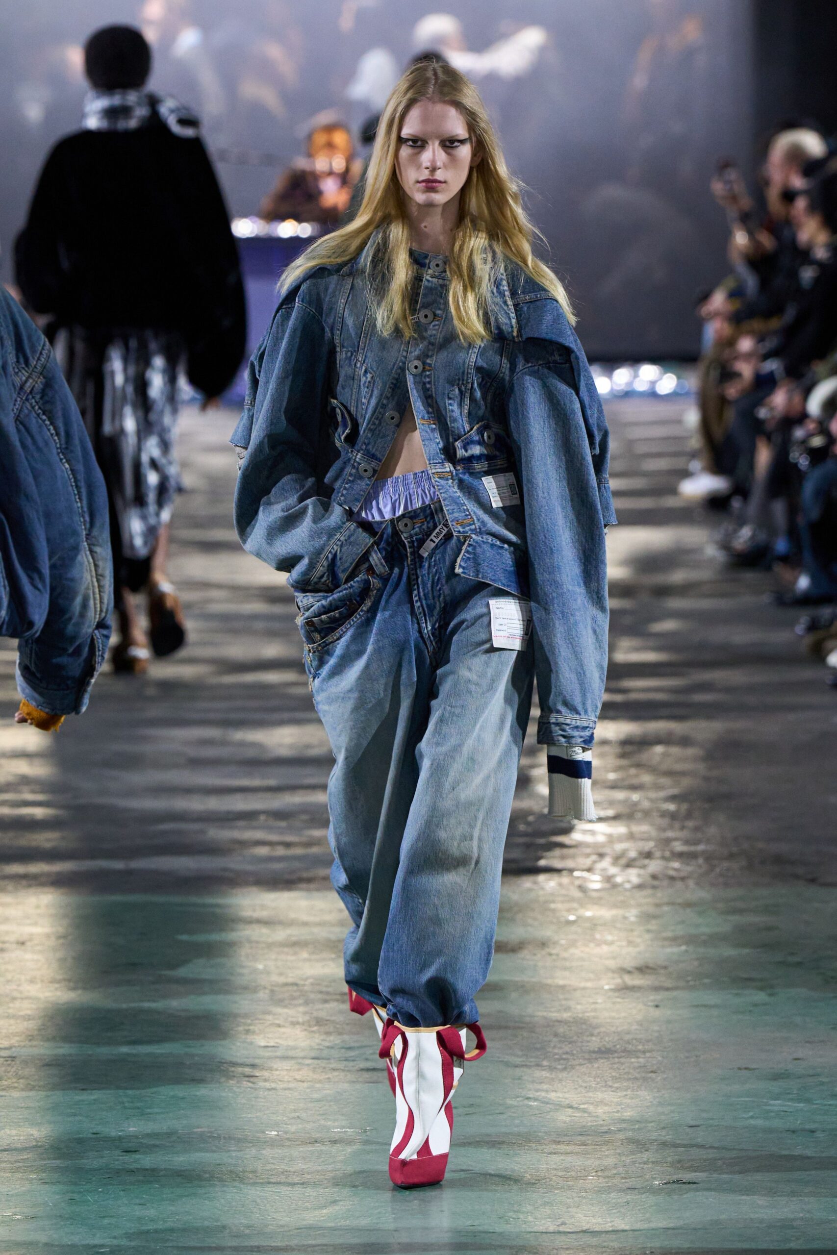 blue denim long-sleeve collared oversized layered jacket