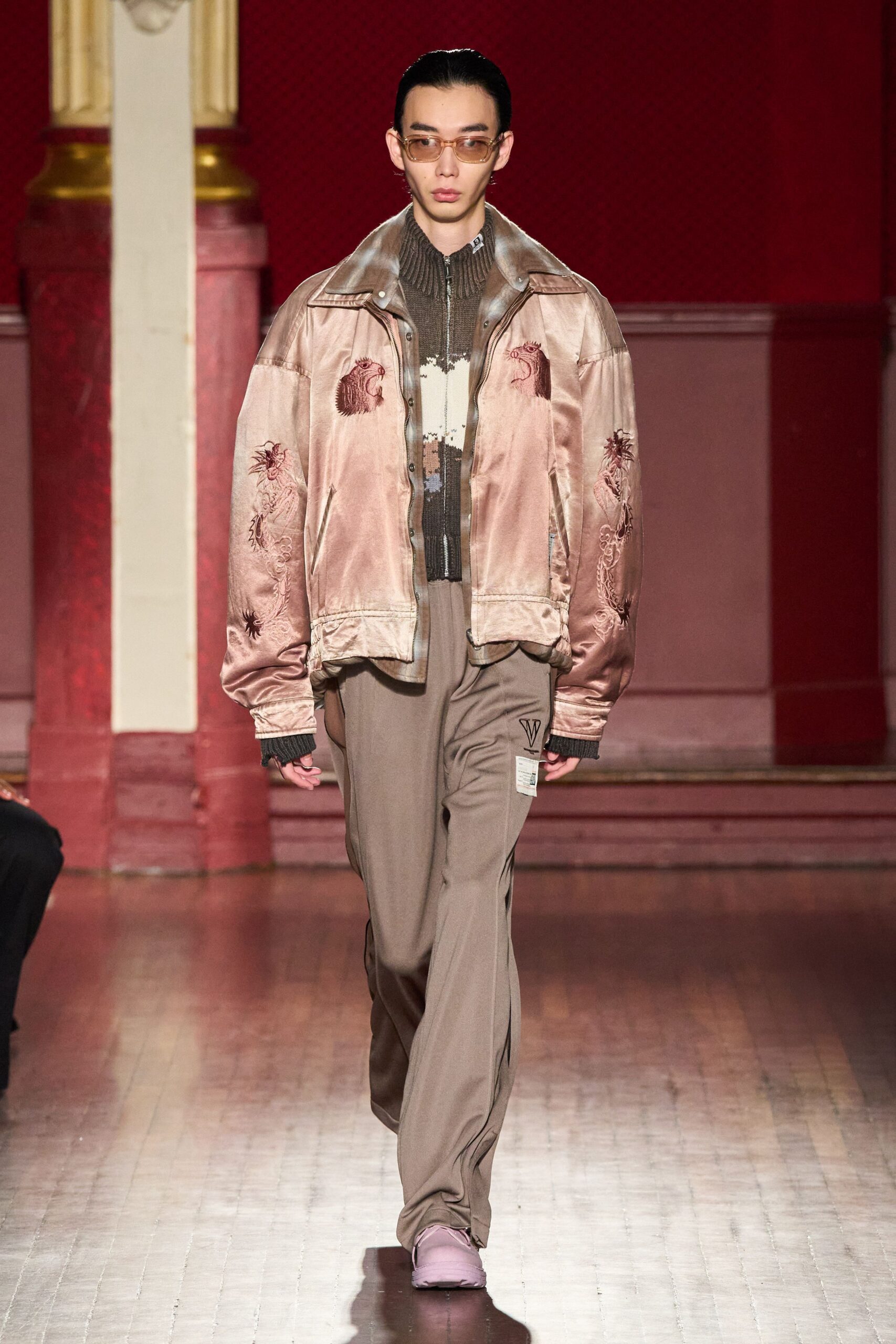 pink silk long-sleeve collared relaxed embroidered jacket