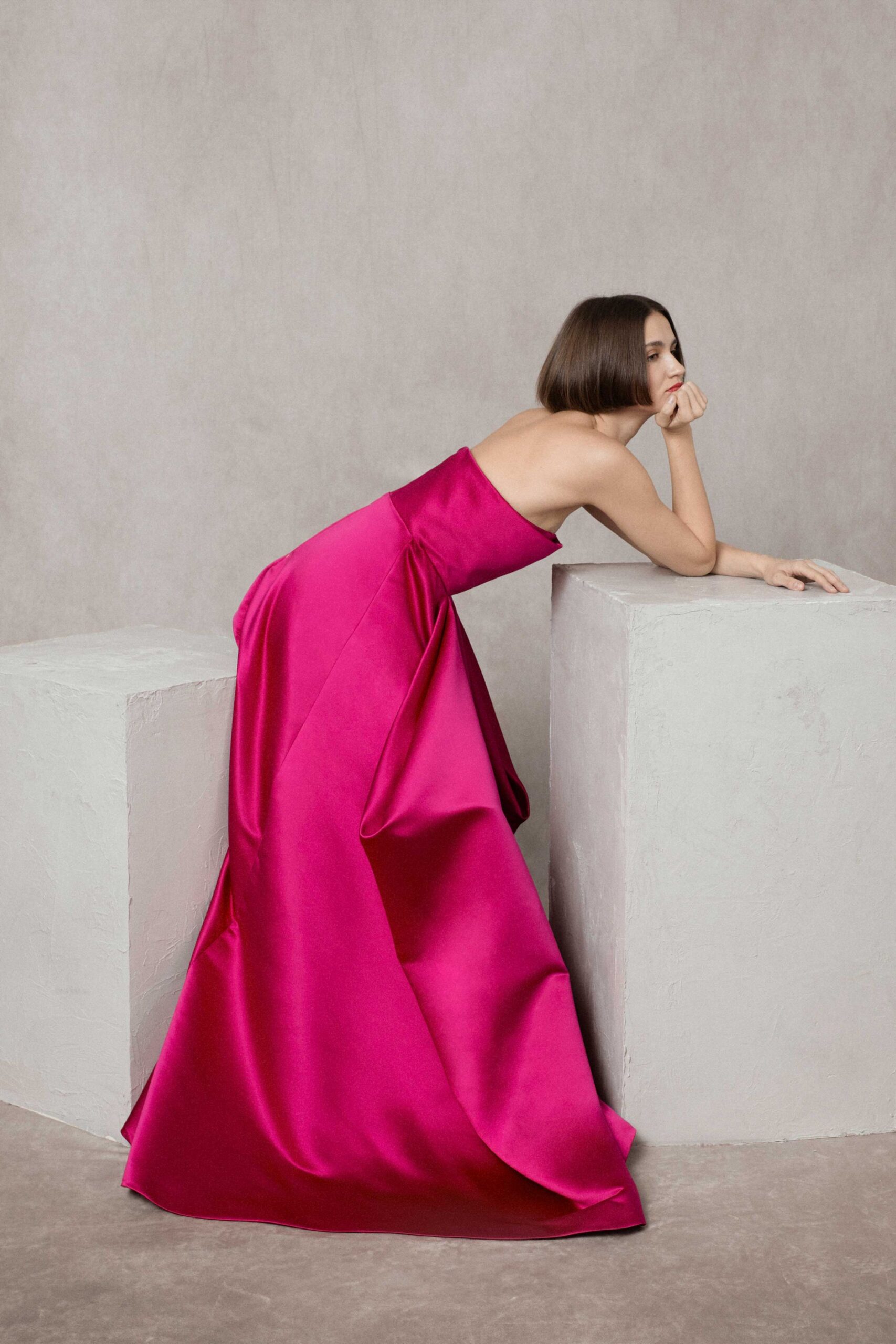 pink satin strapless gown