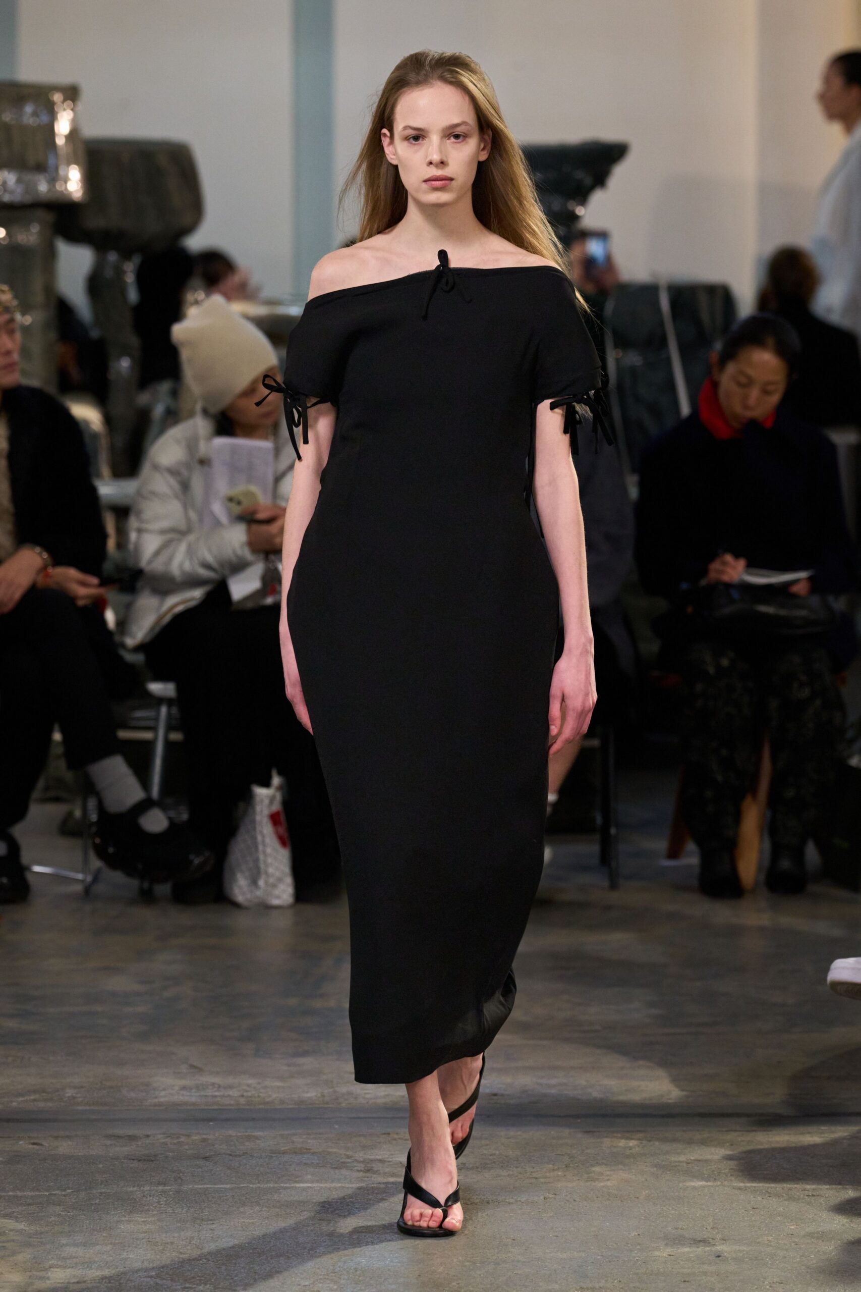 black cotton sleeveless off-shoulder fitted straight-leg midi dress