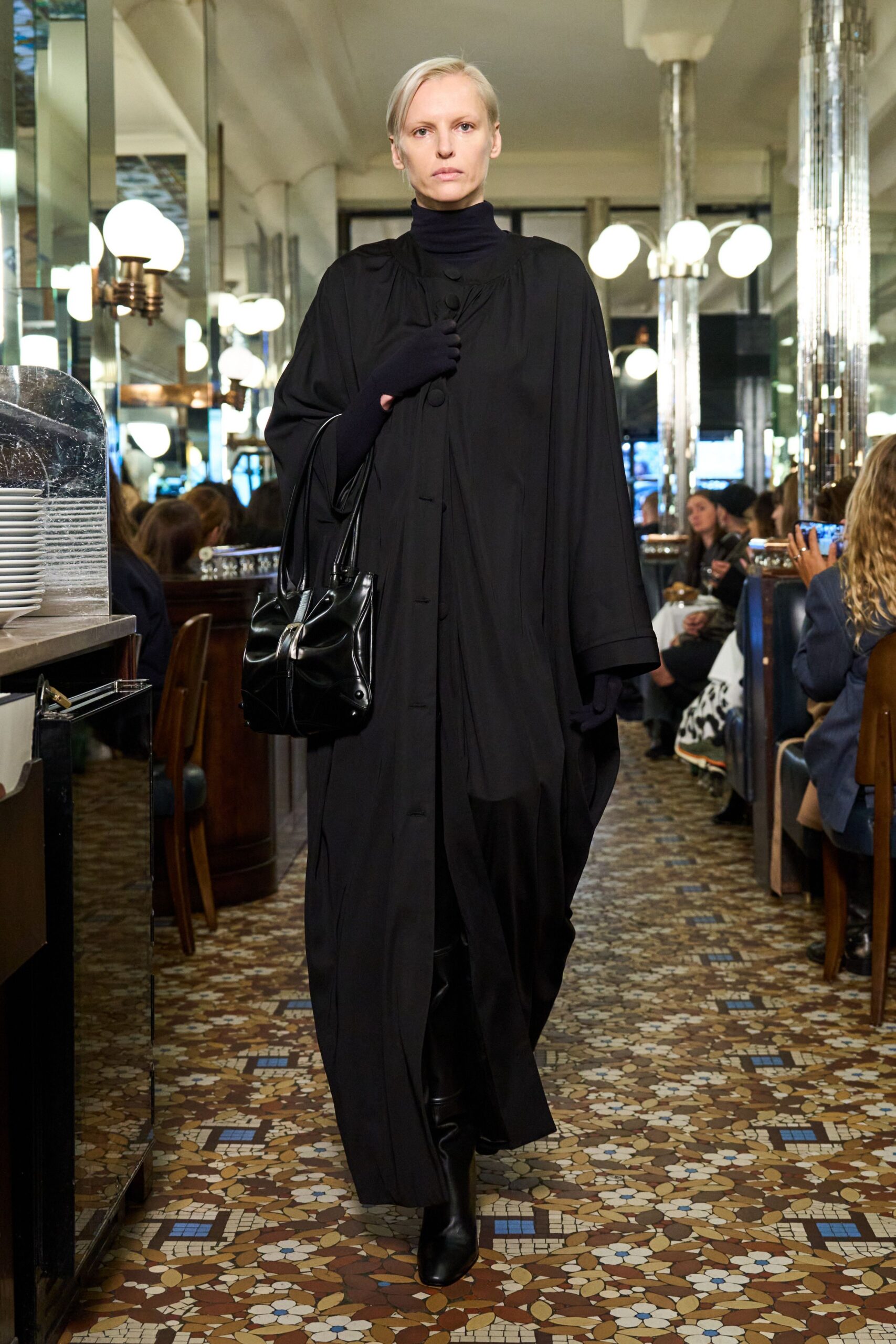 black silk long-sleeve collared relaxed draped flowing coat