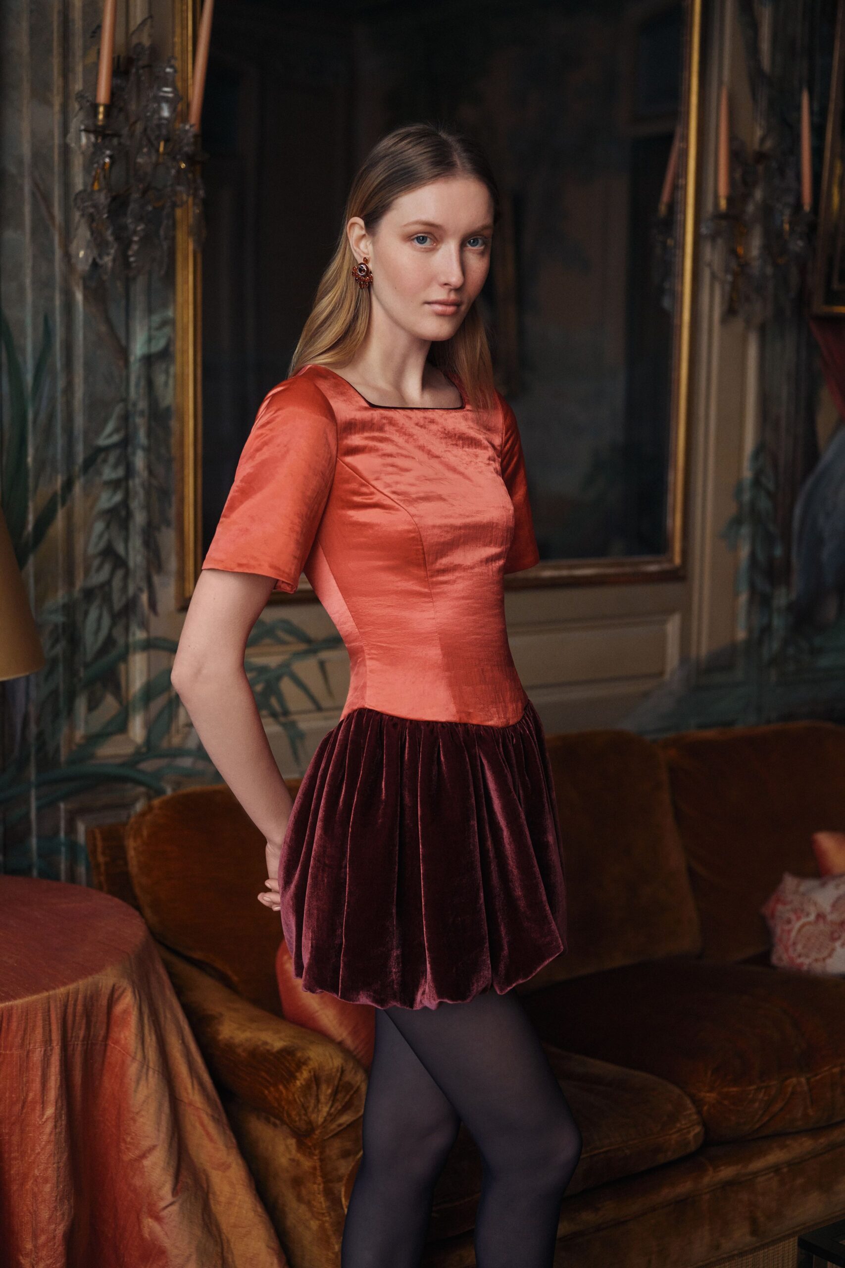 orange and purple fitted mini dress