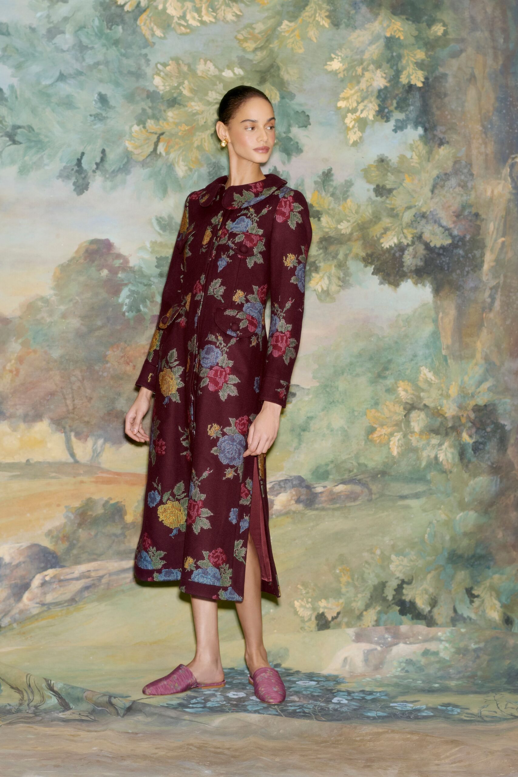burgundy floral midi dress with pink shoes