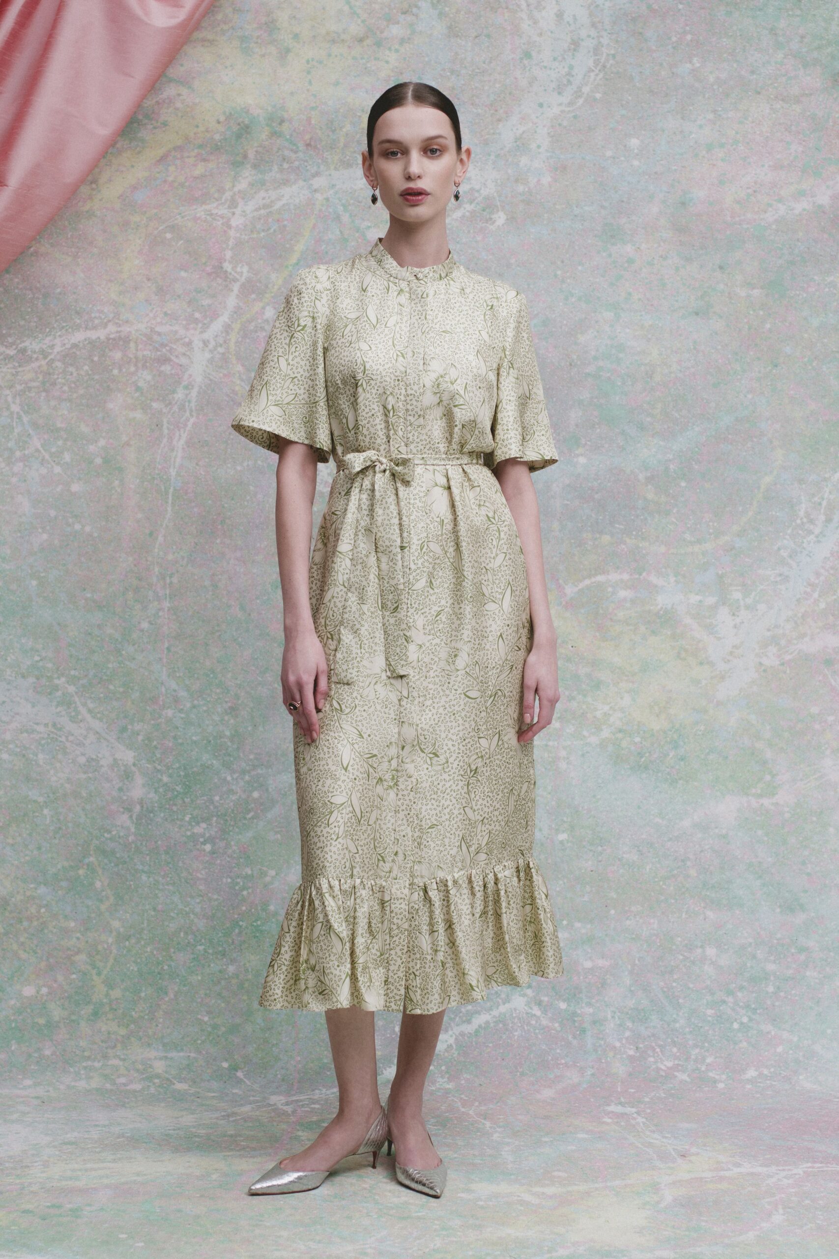 gold silk short-sleeve collared fitted tiered belted dress