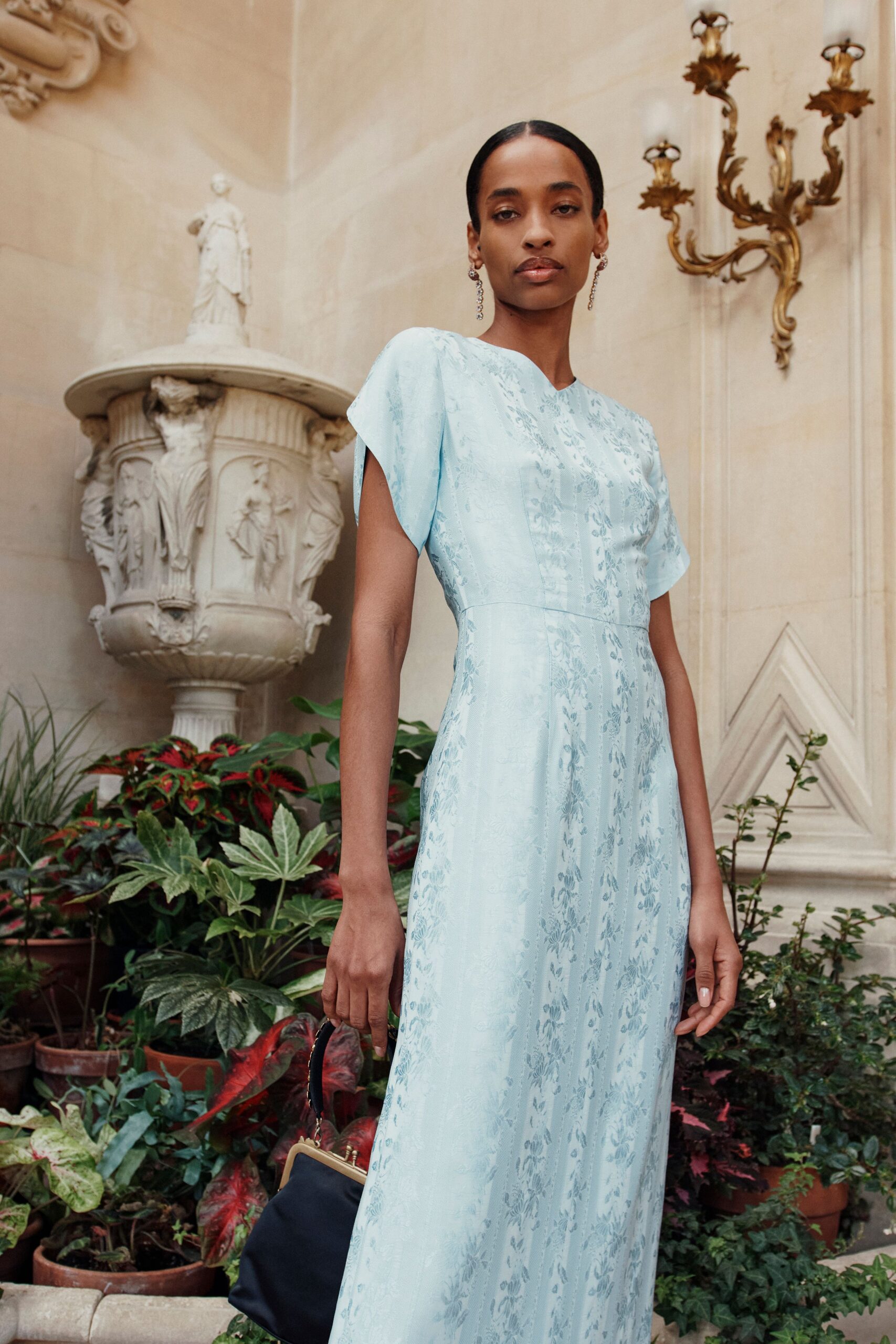 blue embroidered maxi dress with bag