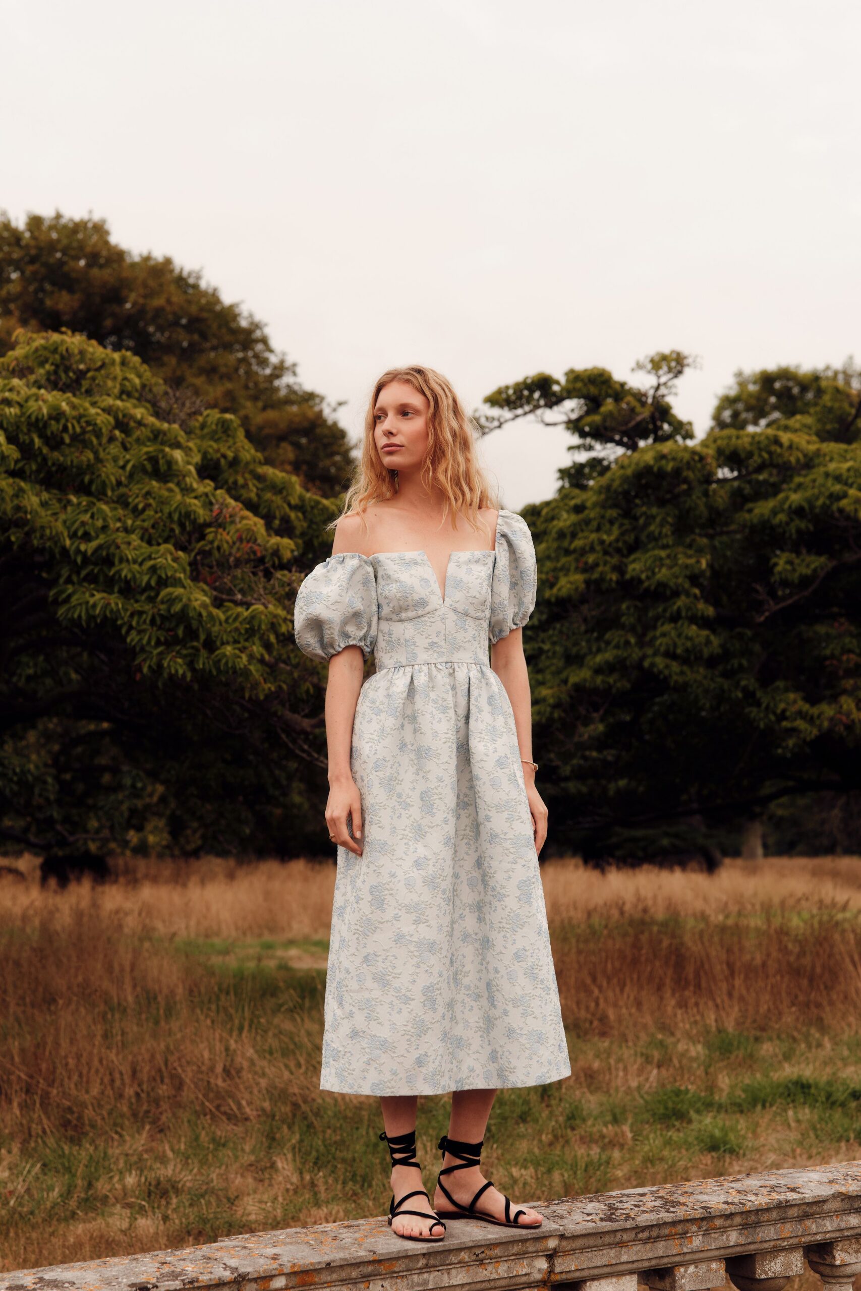 blue and white floral midi dress