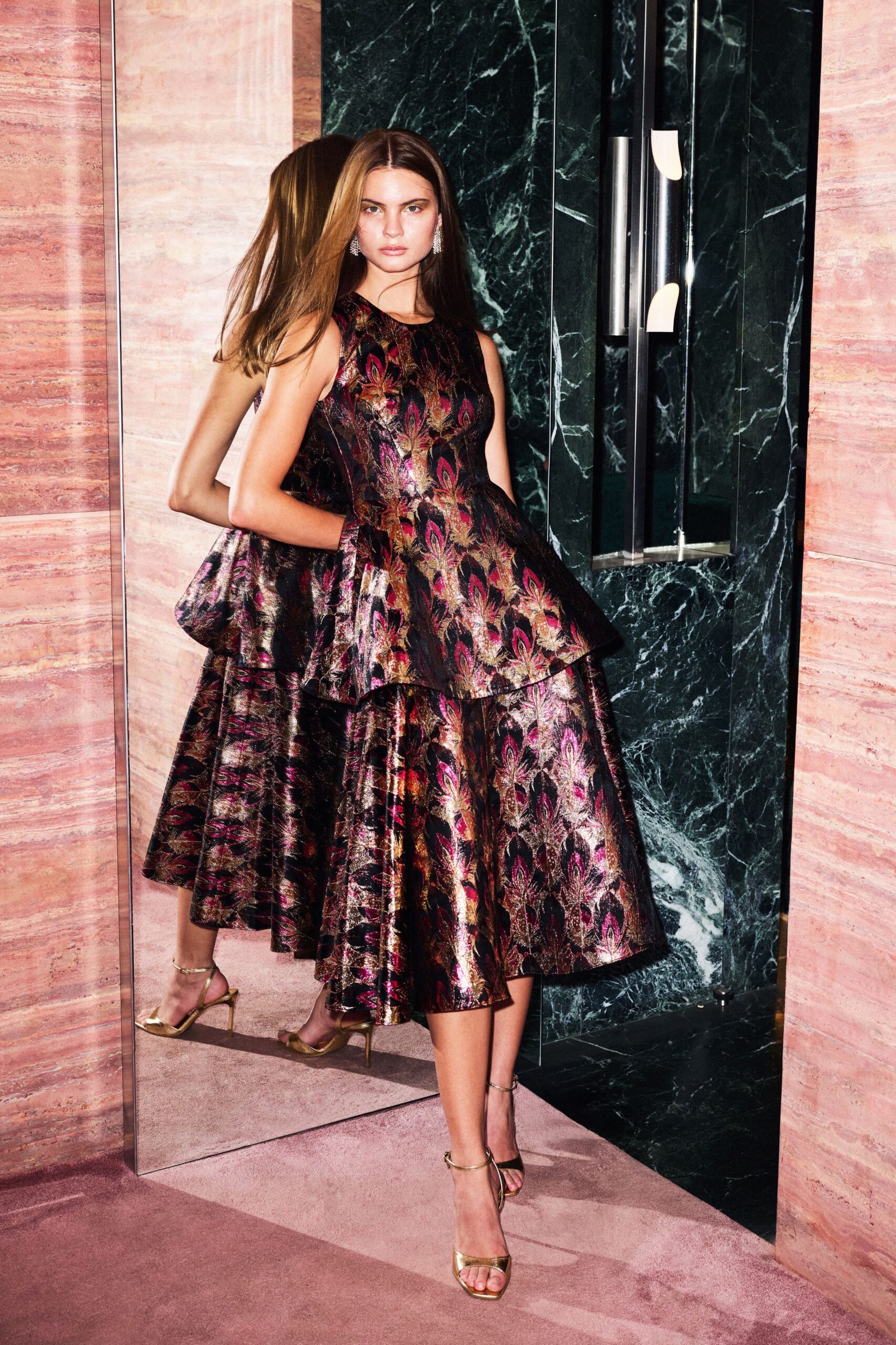 black silk sleeveless high-neck fitted flared layered dress
