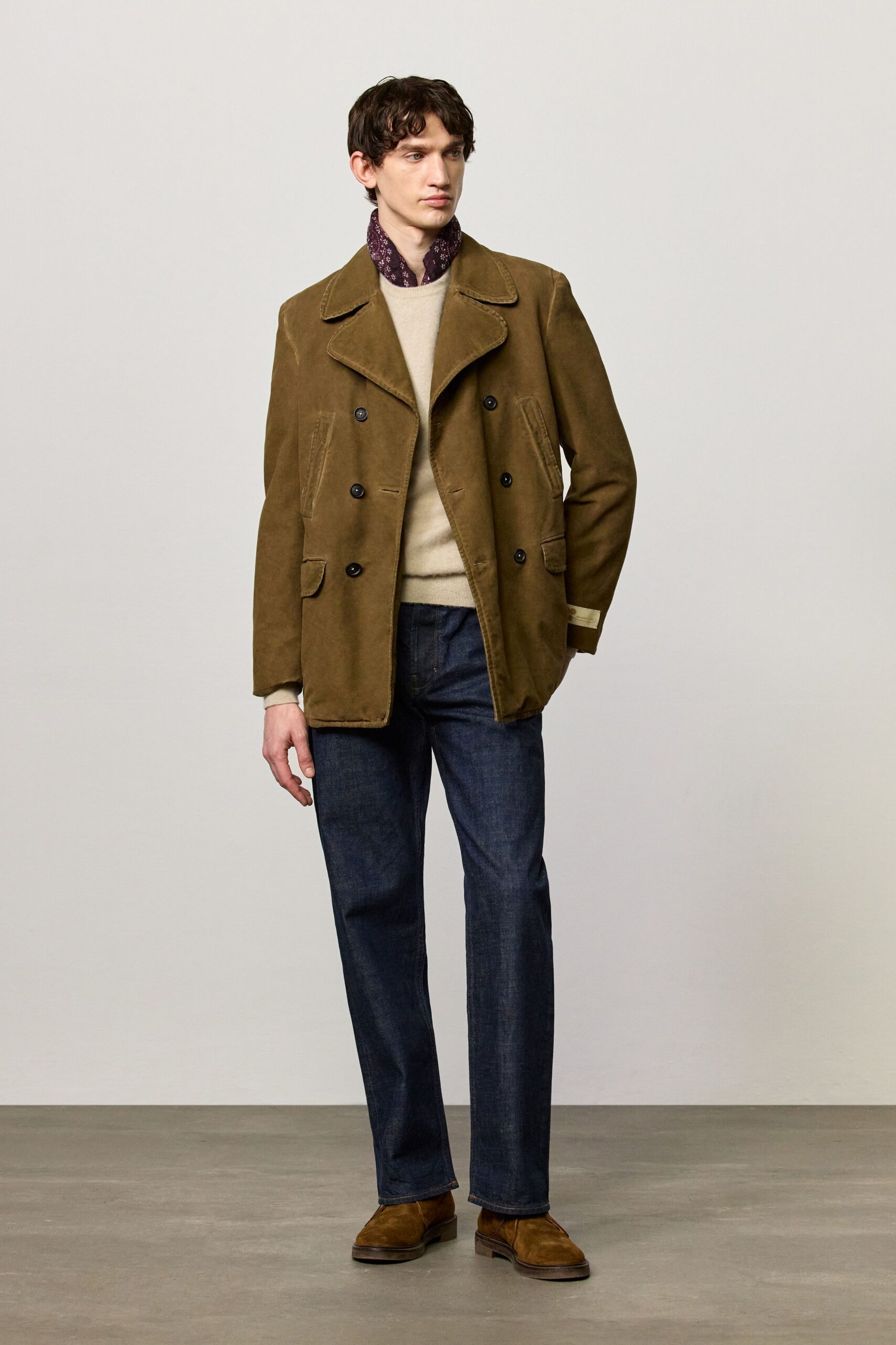 brown cotton long-sleeve collared tailored buttoned jacket