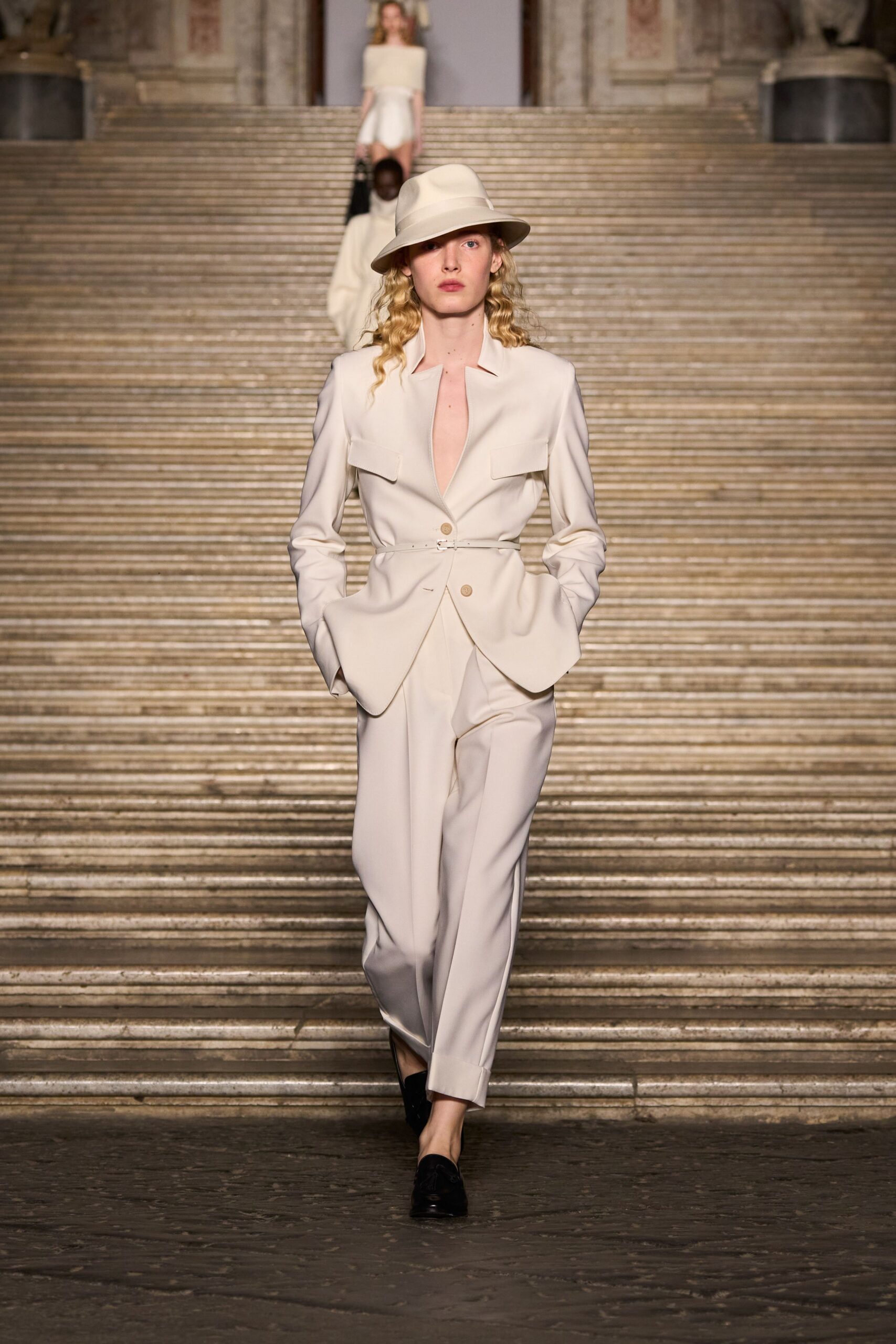 white tailored suit with hat