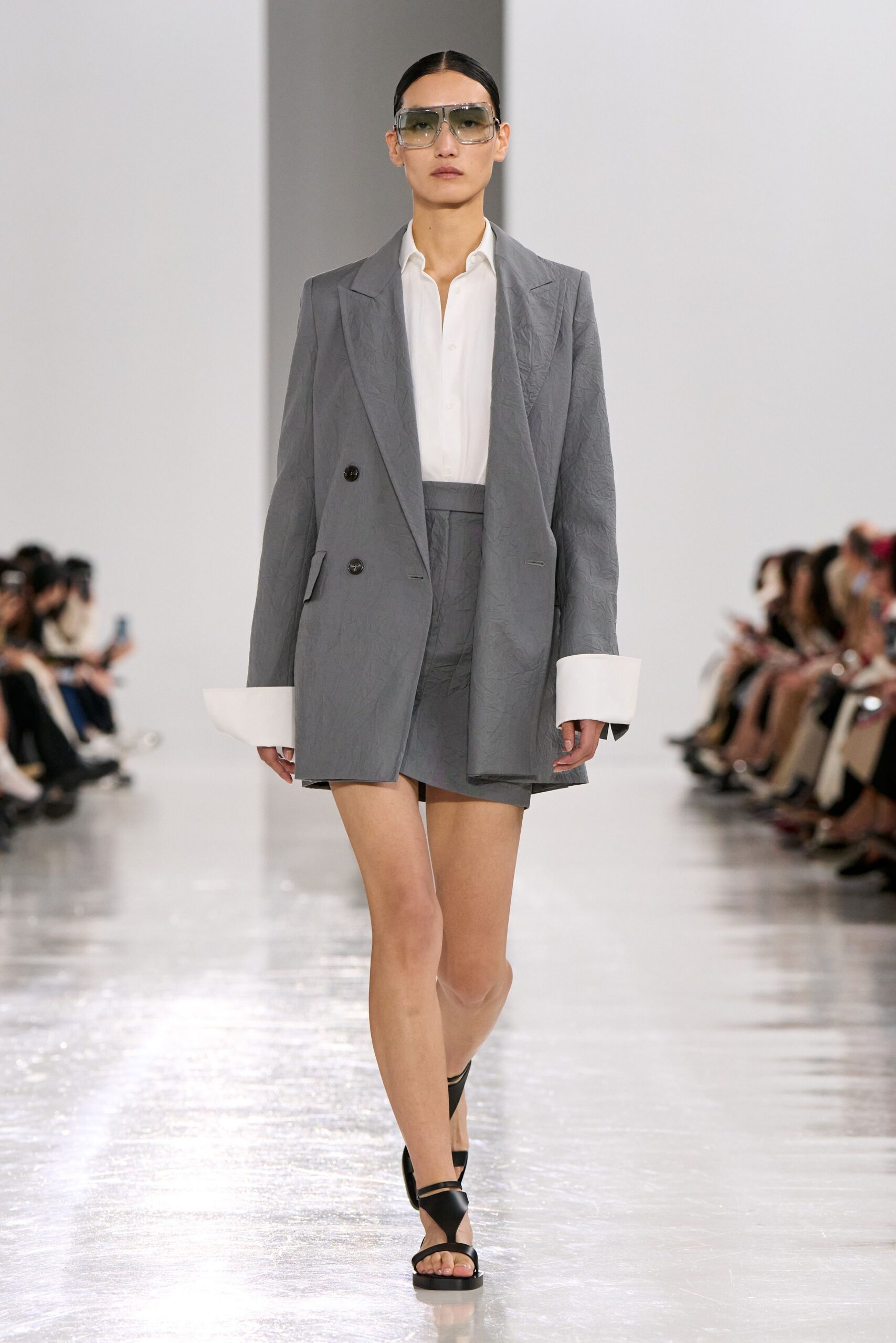 gray tailored blazer with white shirt