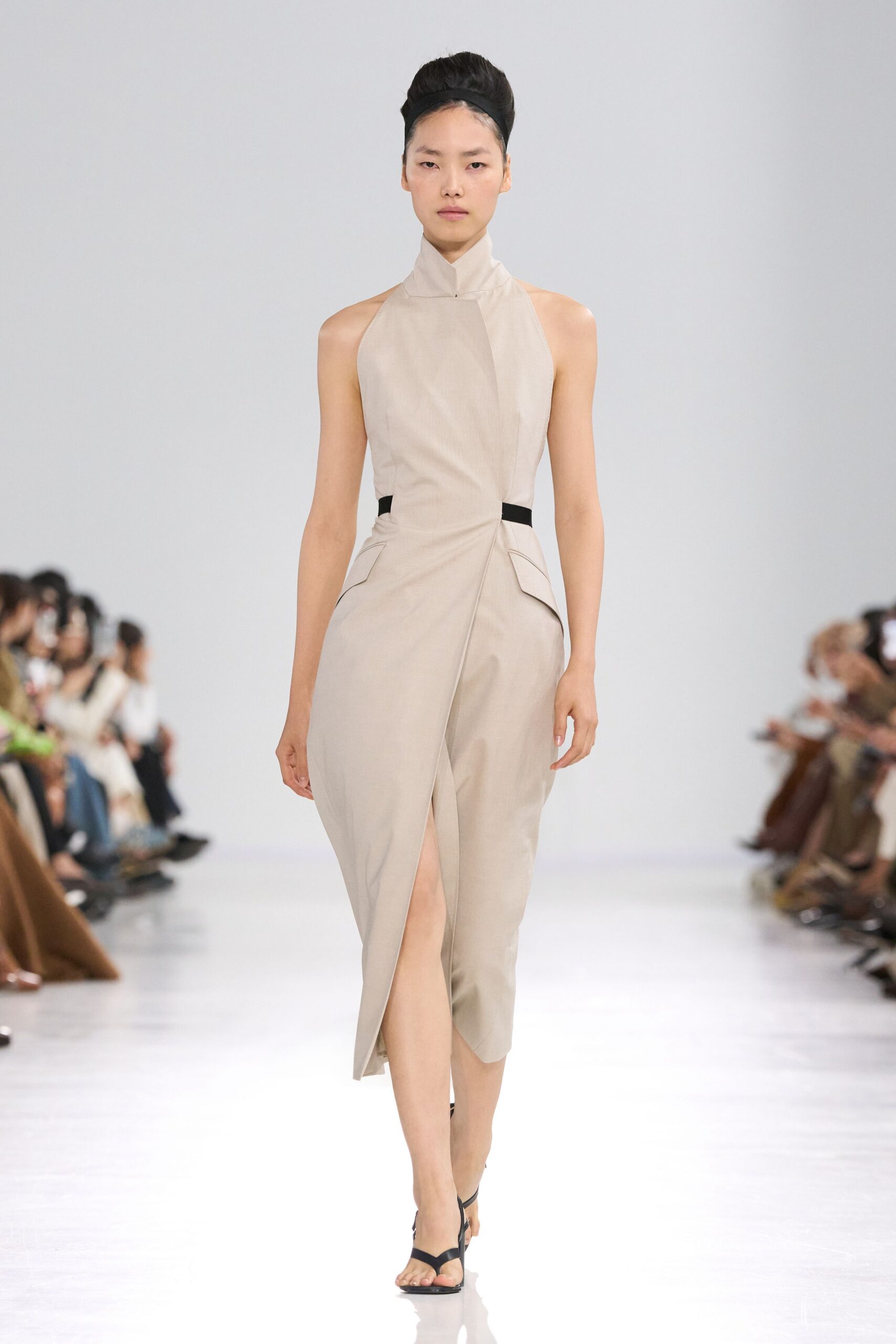 beige cotton sleeveless high-neck fitted midi dress