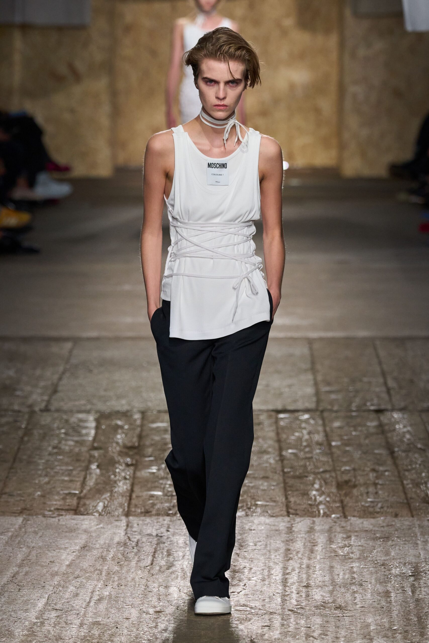 white cotton sleeveless v-neck fitted belted top