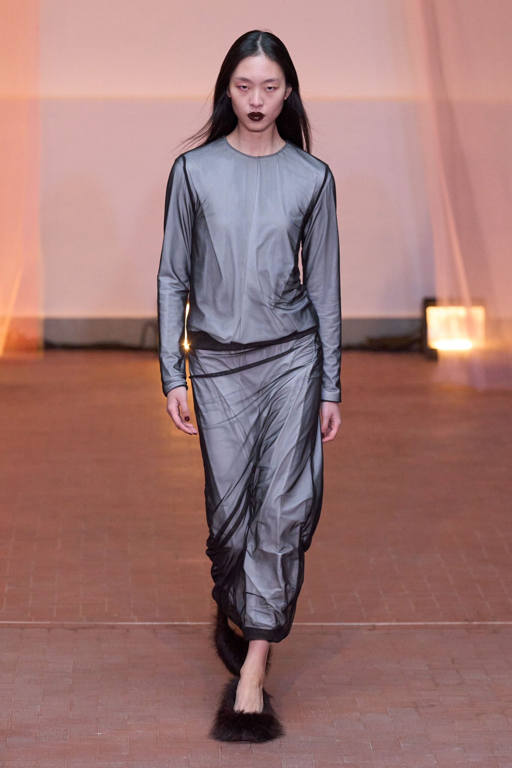 gray silk long-sleeve high-neck relaxed sheer top