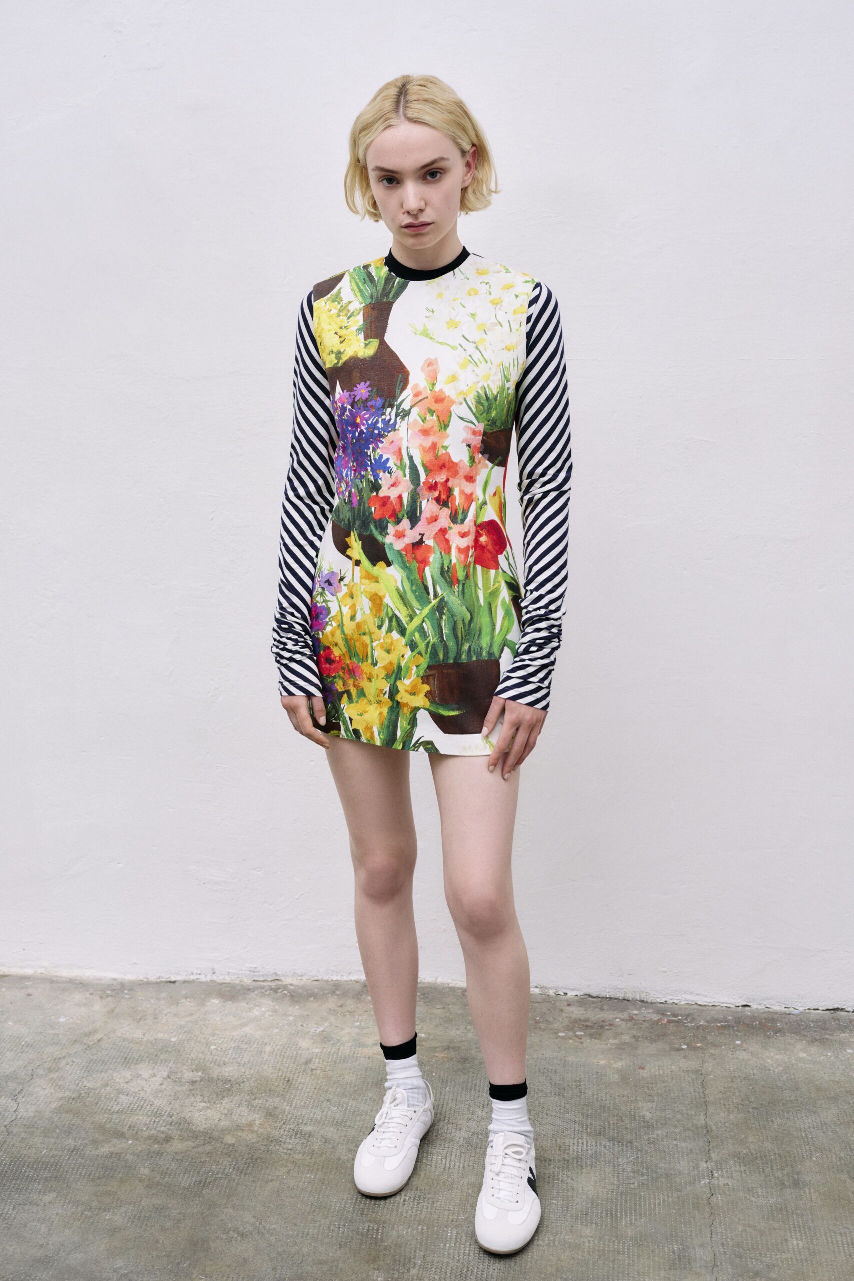 multi-colored mini dress with long sleeves