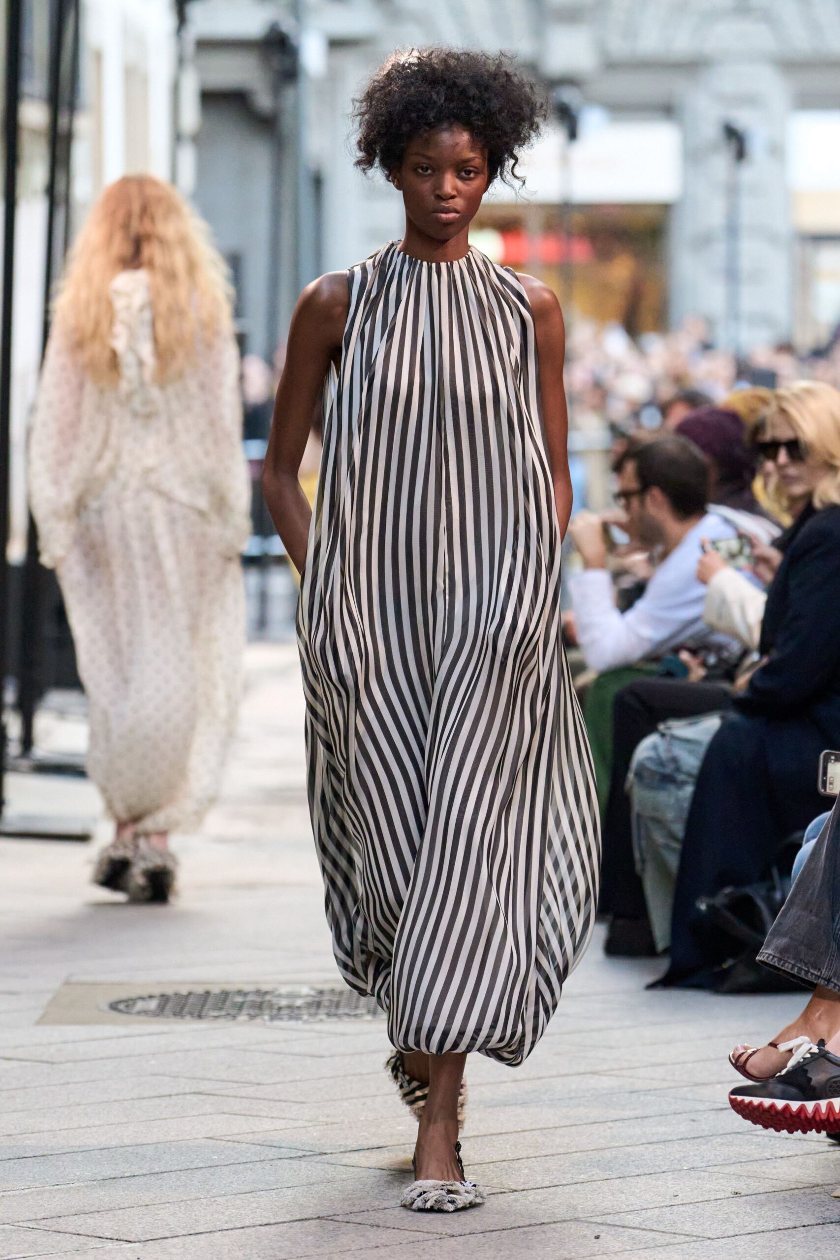 striped maxi dress with shoes