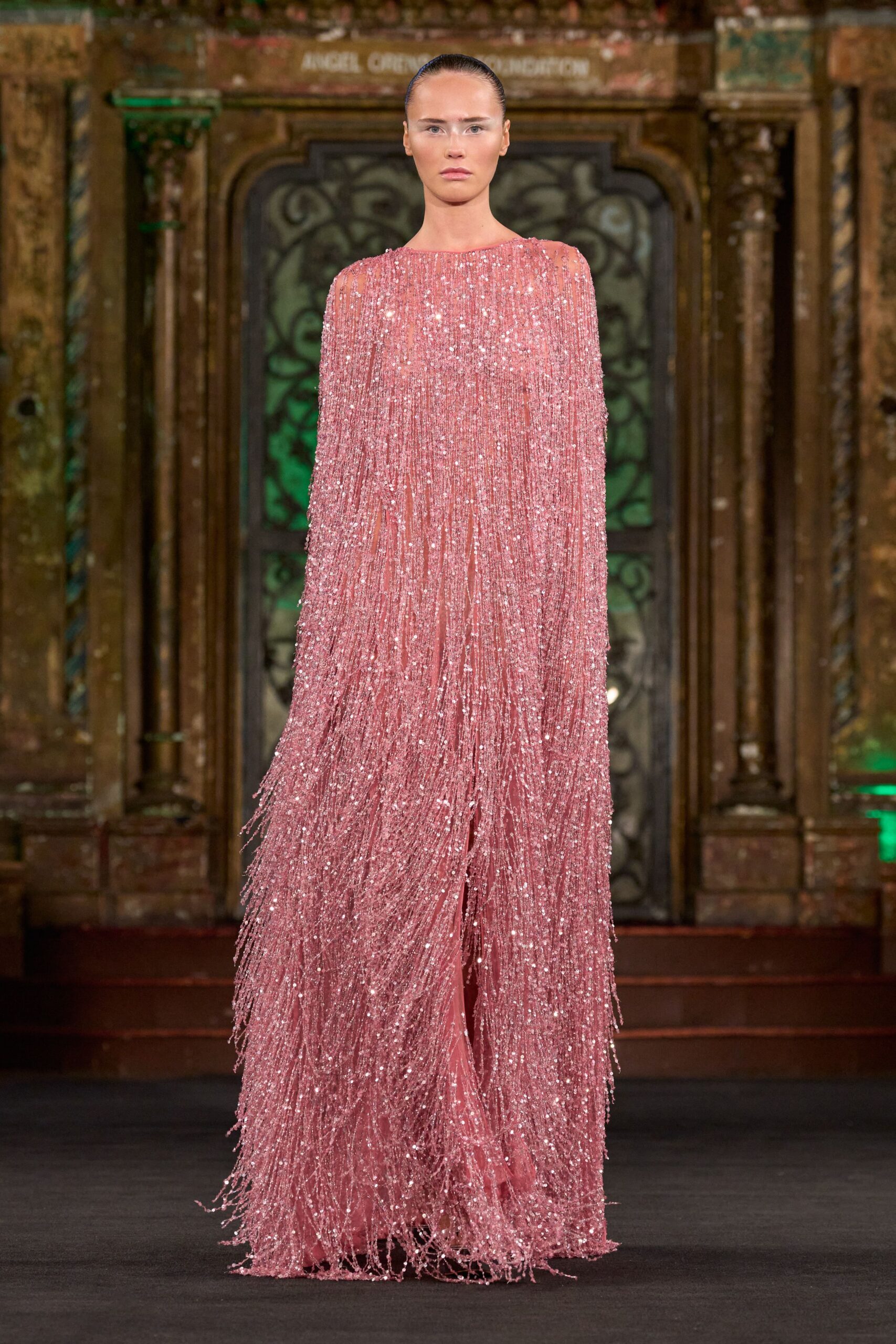 pink beaded fringed gown