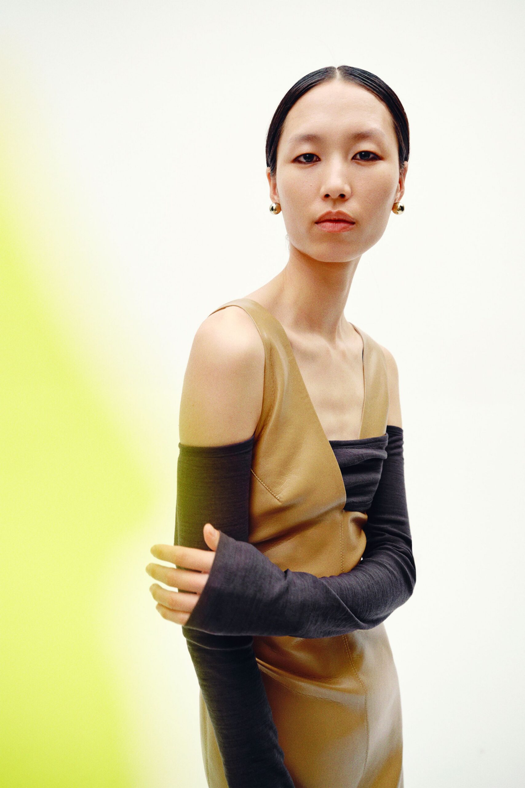 brown leather fitted dress with black top