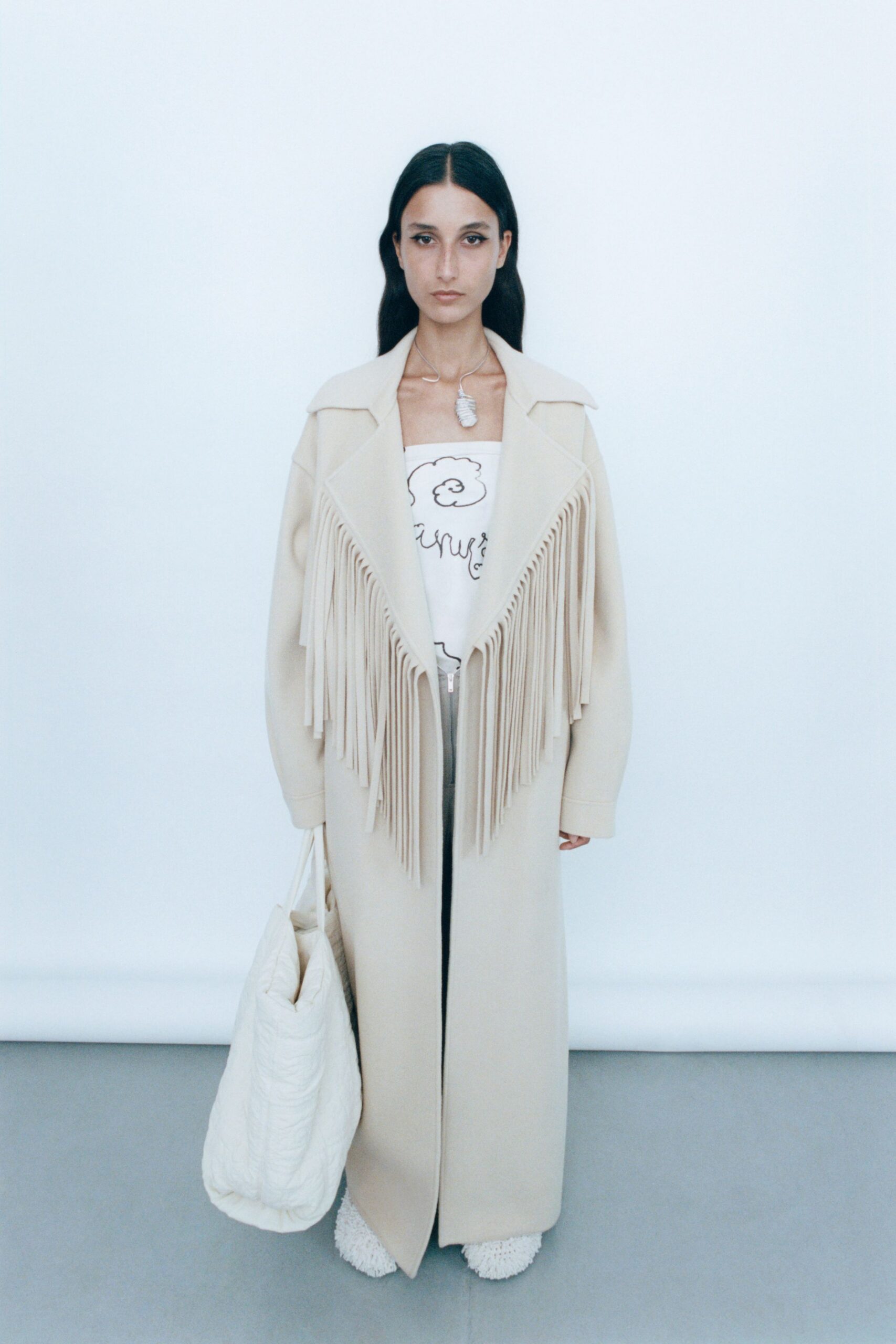 beige wool long-sleeve collared relaxed fringed maxi coat