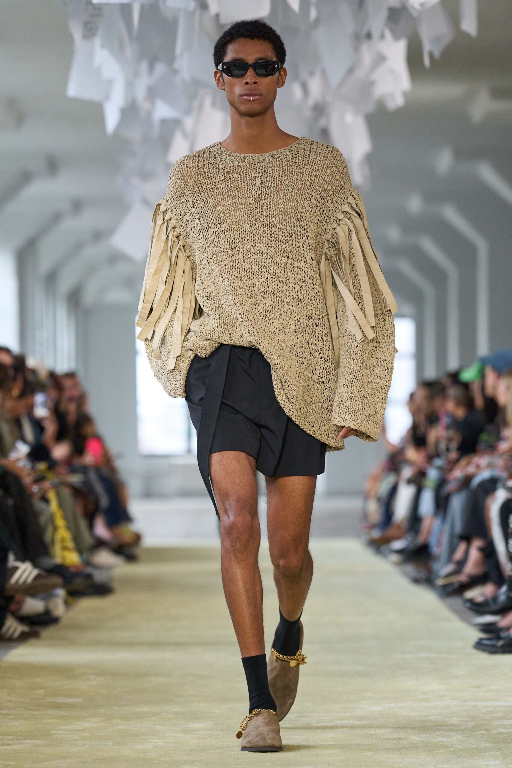 beige oversized sweater with fringes