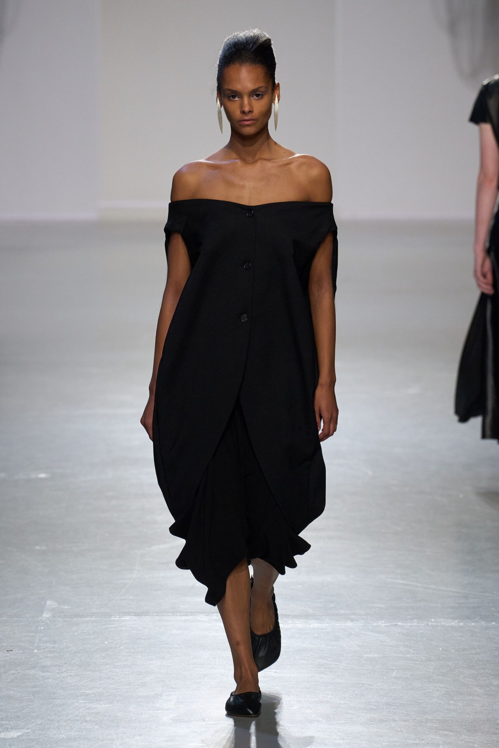 black cotton off-shoulder relaxed buttoned draped midi dress