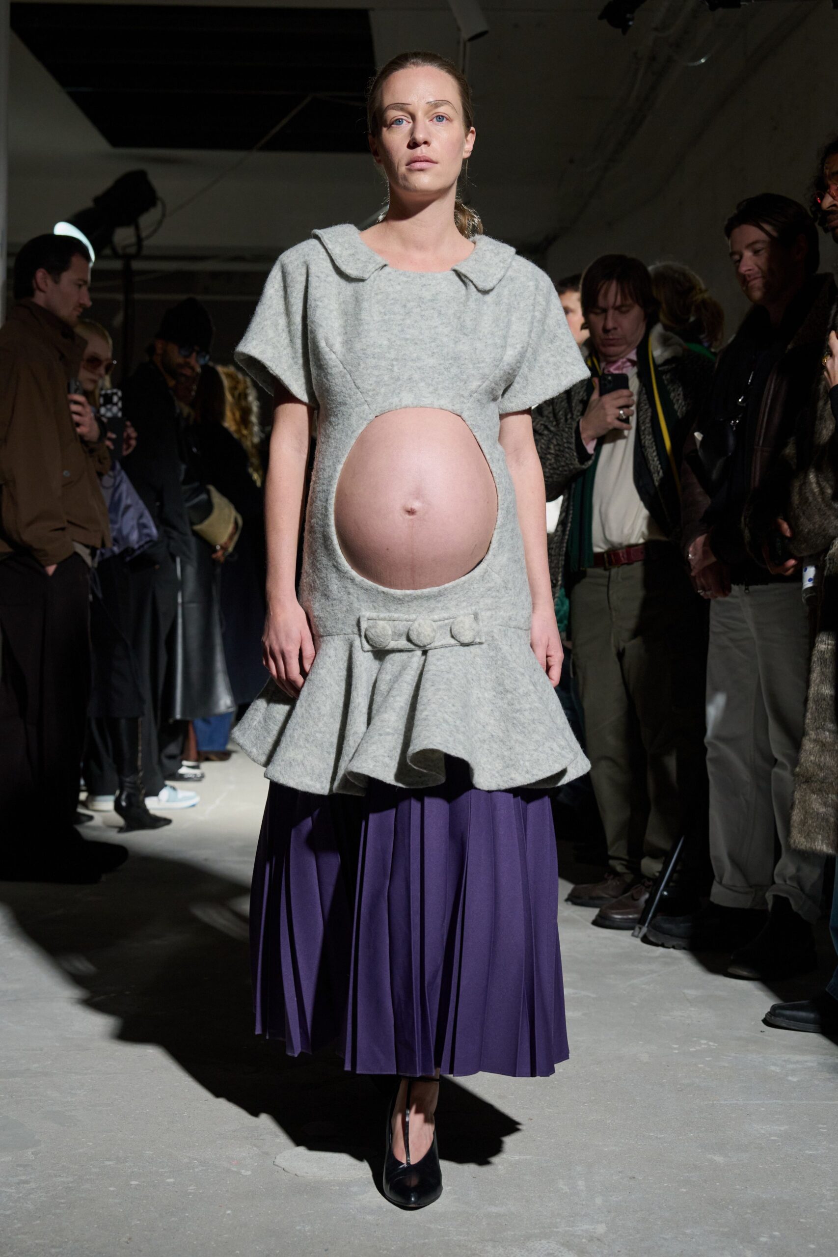 gray wool short-sleeve collared fitted pleated layered dress