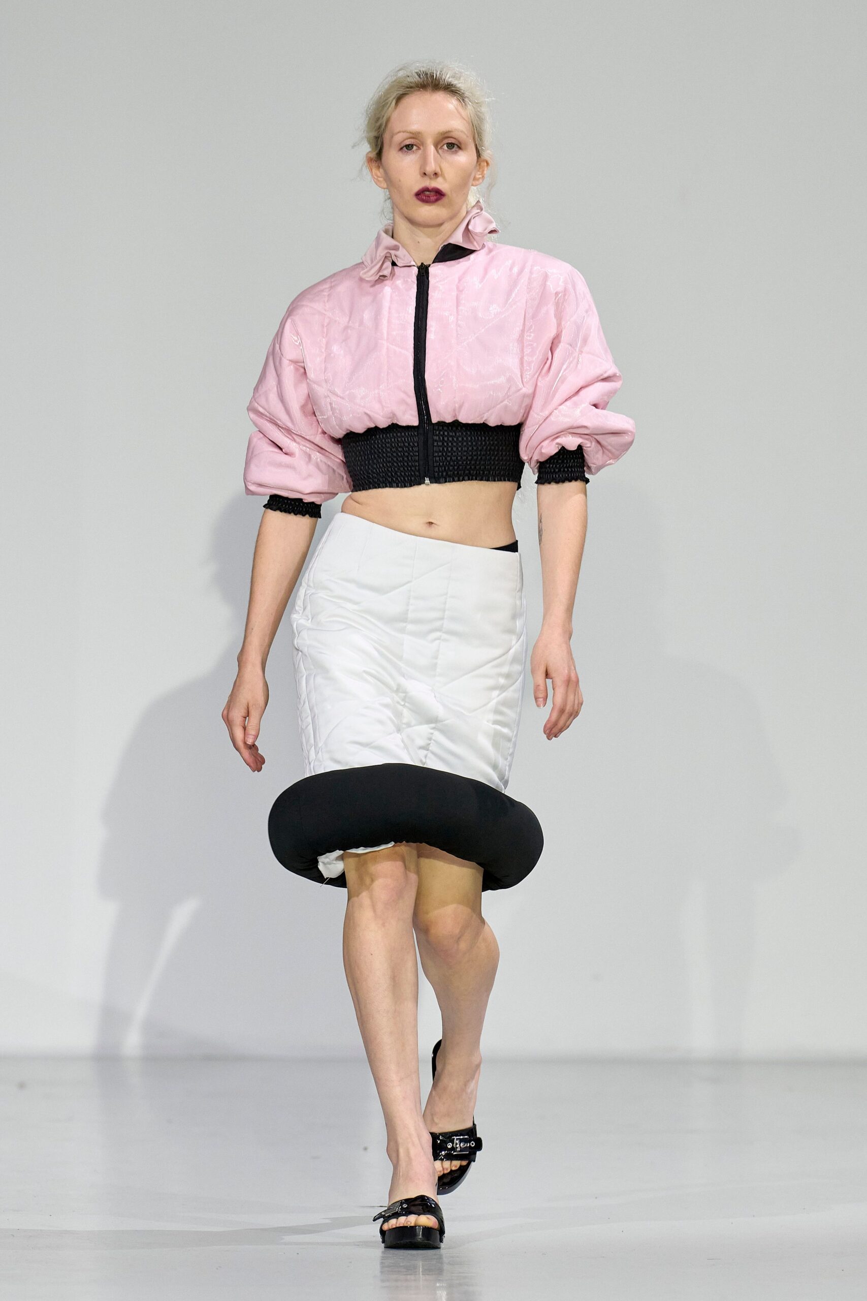 pink silk short-sleeve collared fitted padded cropped jacket