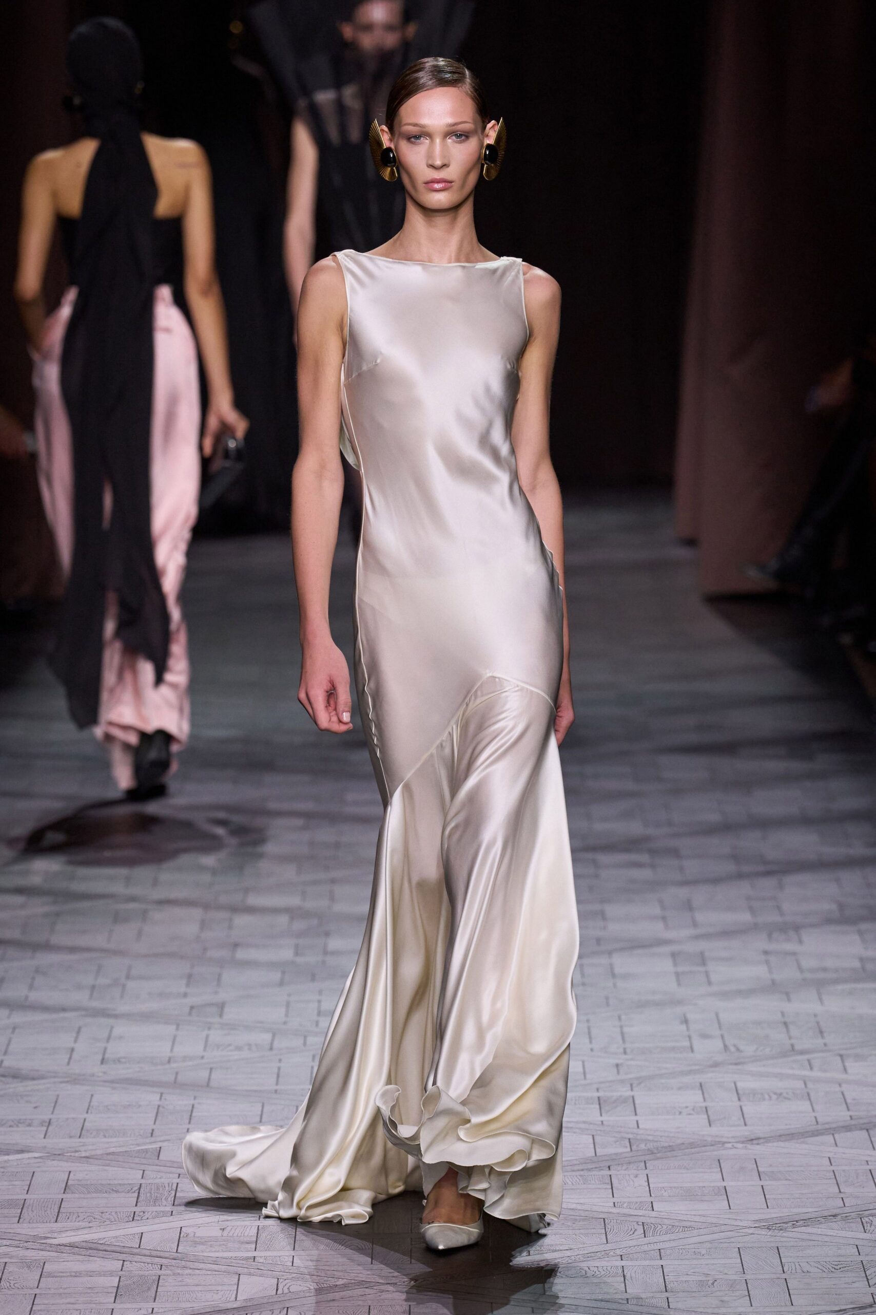 beige silk sleeveless v-neck fitted draped flowing gown