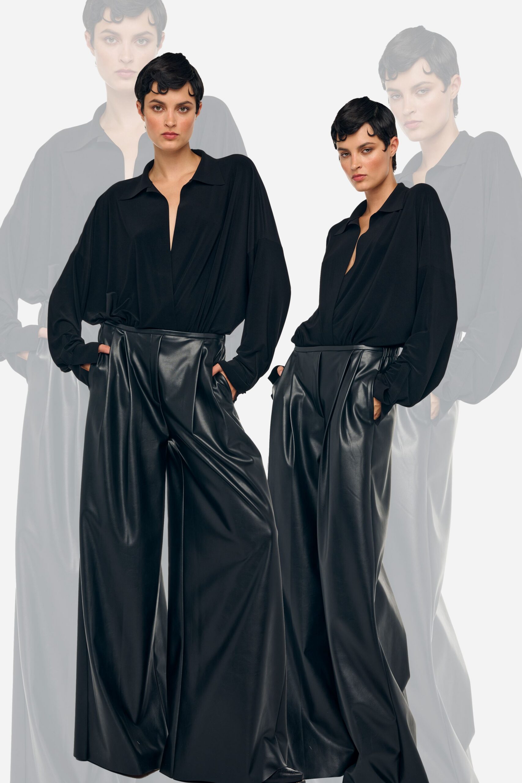 black silk shirt and leather pants