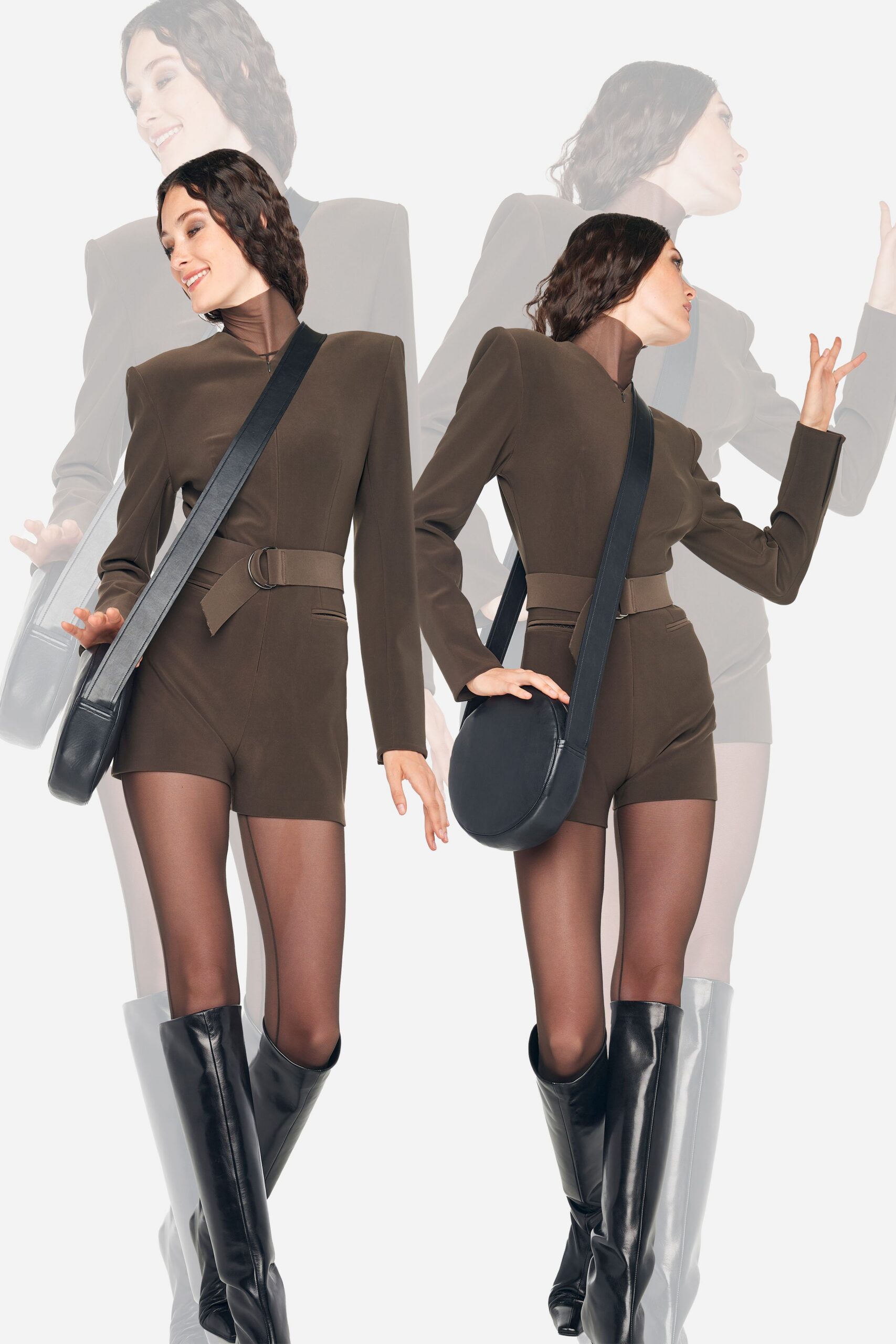 brown cotton long-sleeve high-neck fitted belted short romper