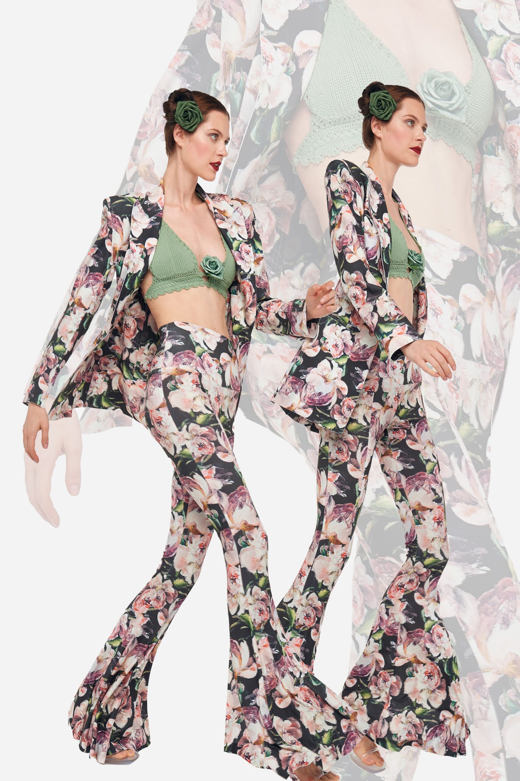 multi long-sleeve collared tailored floral buttoned blazer