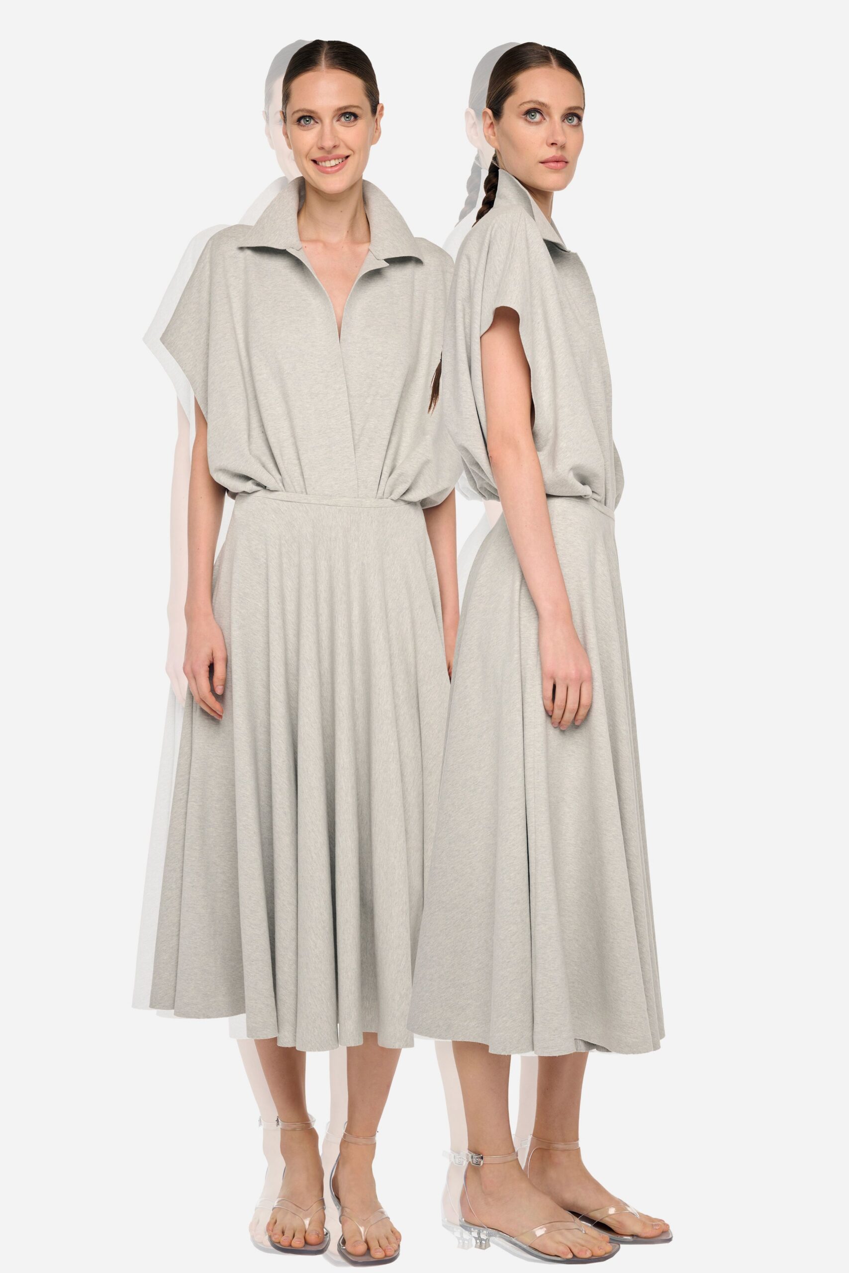 gray relaxed midi dress with clear shoes