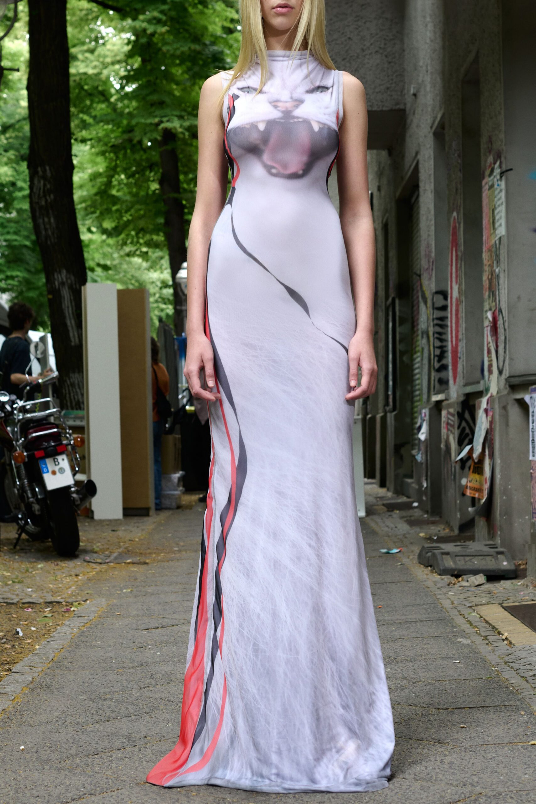 white and red flowing gown