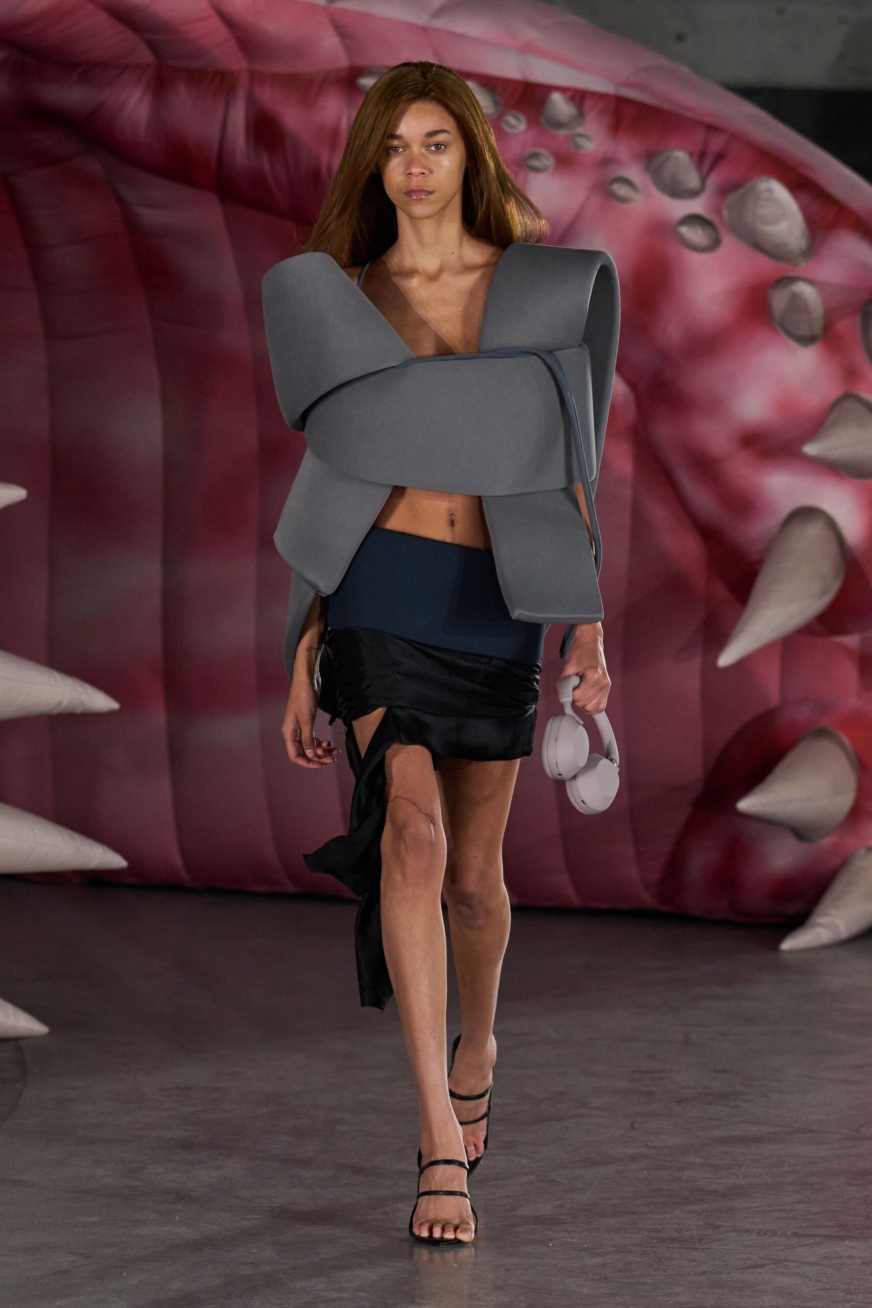 gray cotton sleeveless high-neck fitted structured top