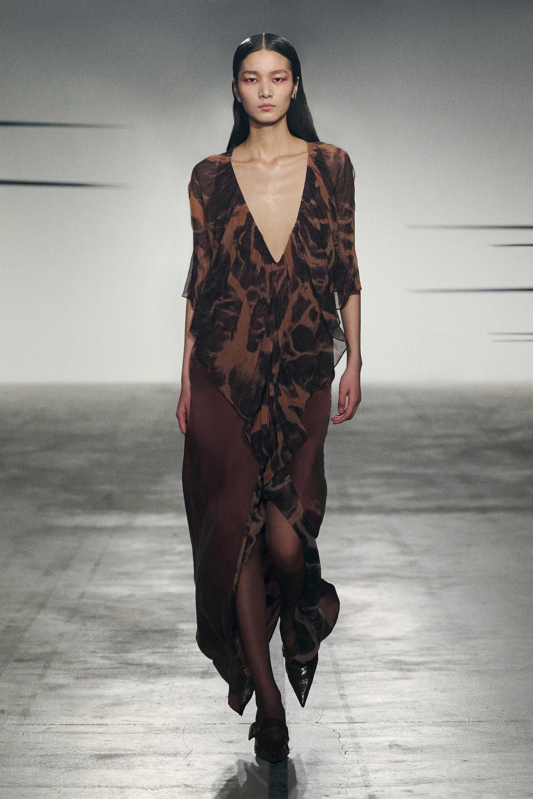 brown silk sleeveless v-neck relaxed draped flared dress