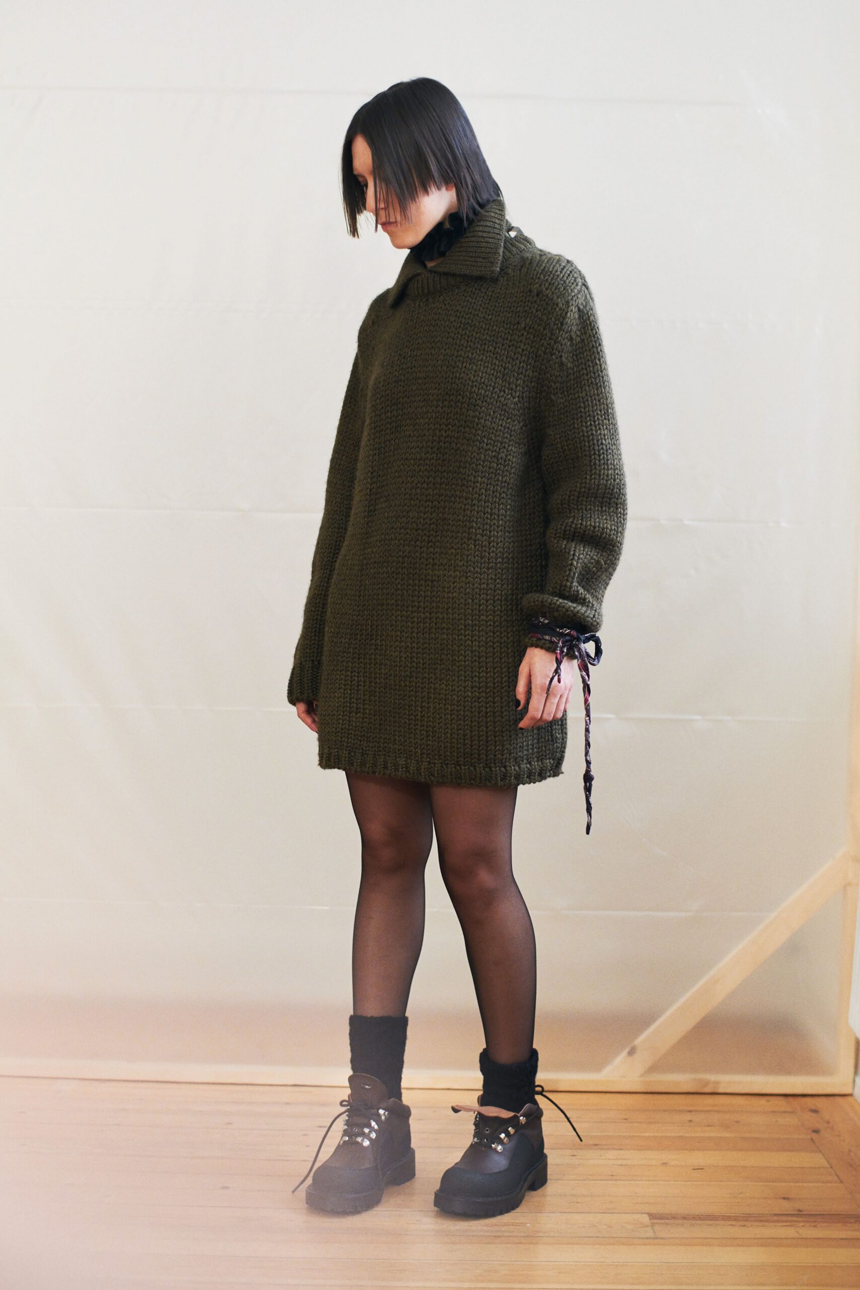 green wool long-sleeve collared oversized textured short dress