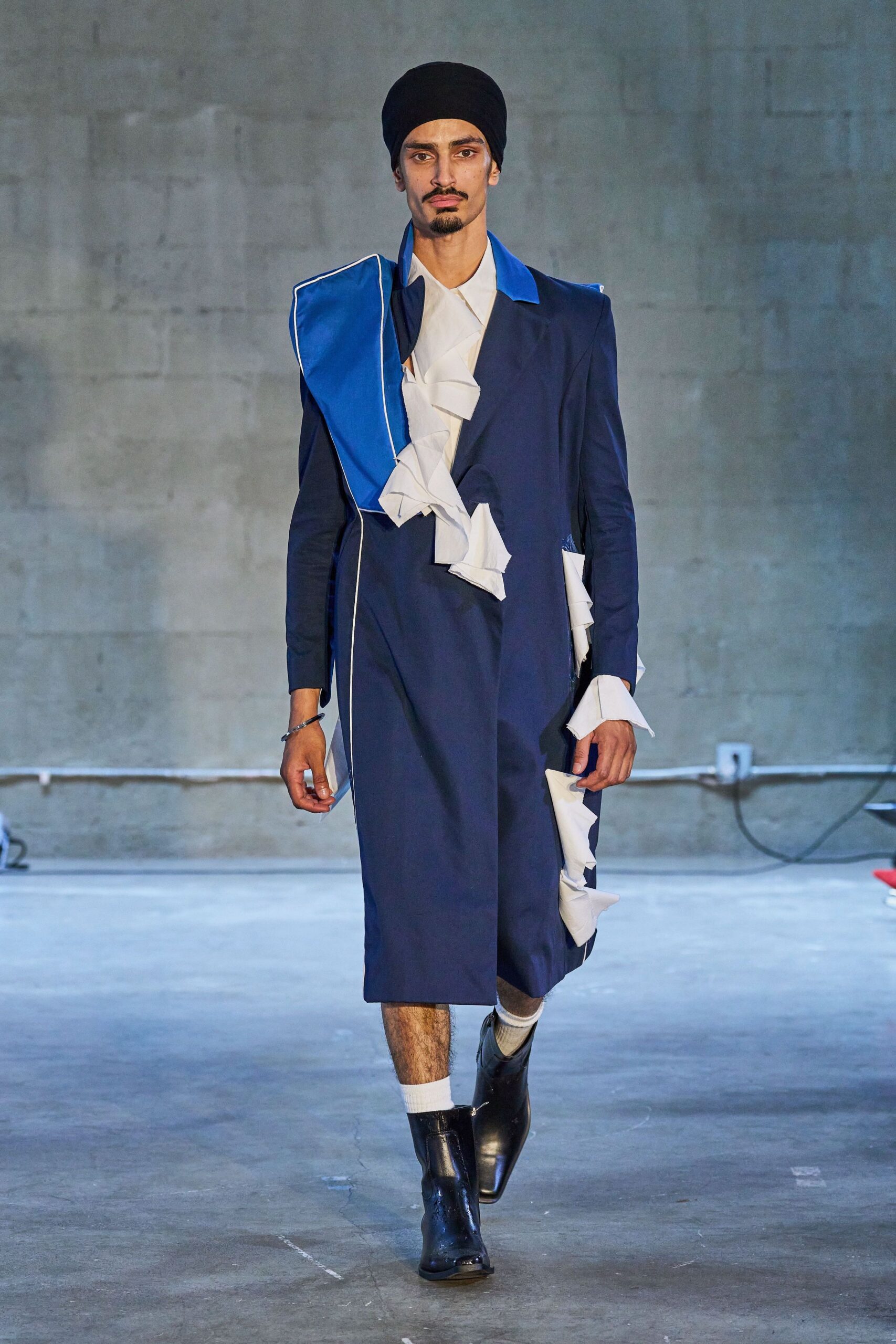 blue cotton long-sleeve collared fitted ruffled coat