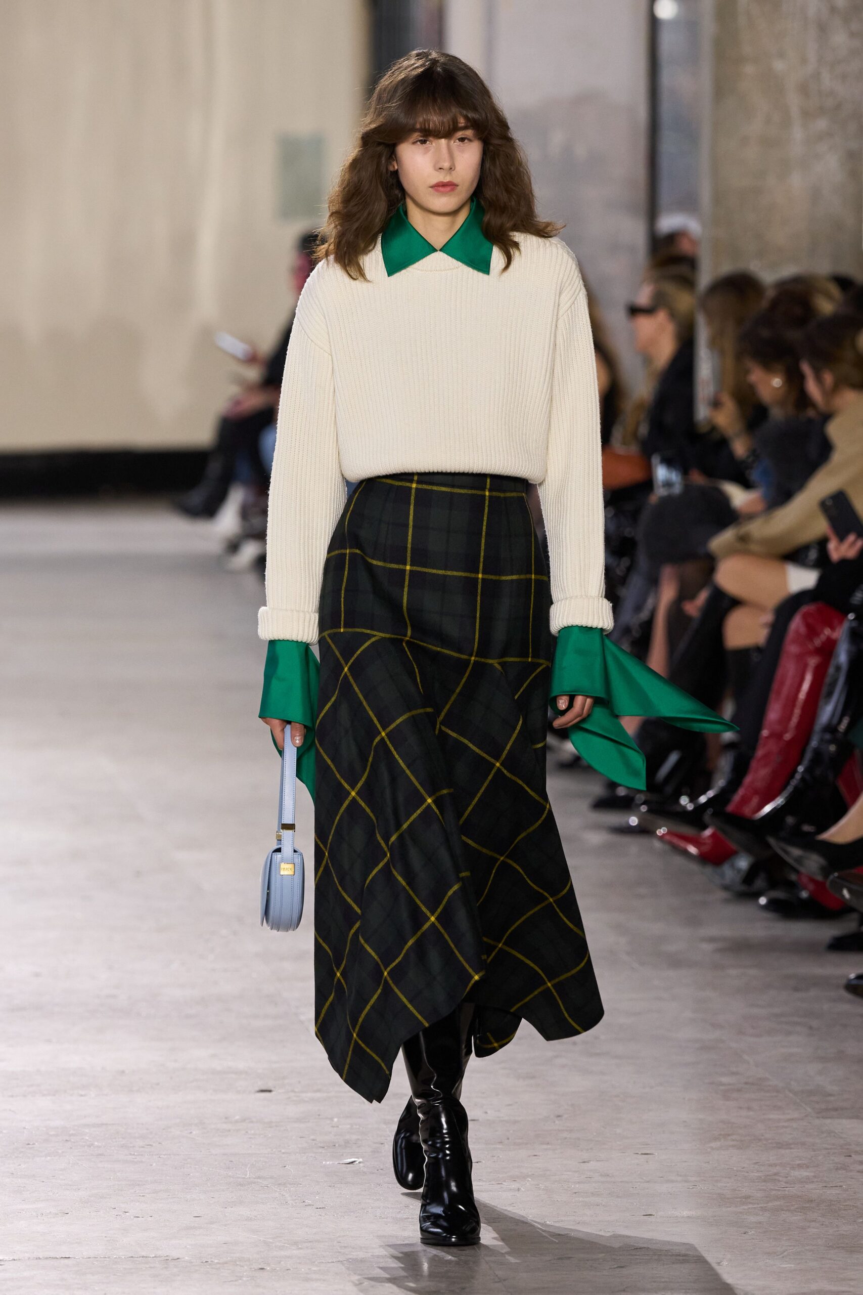 white relaxed sweater black plaid midi skirt