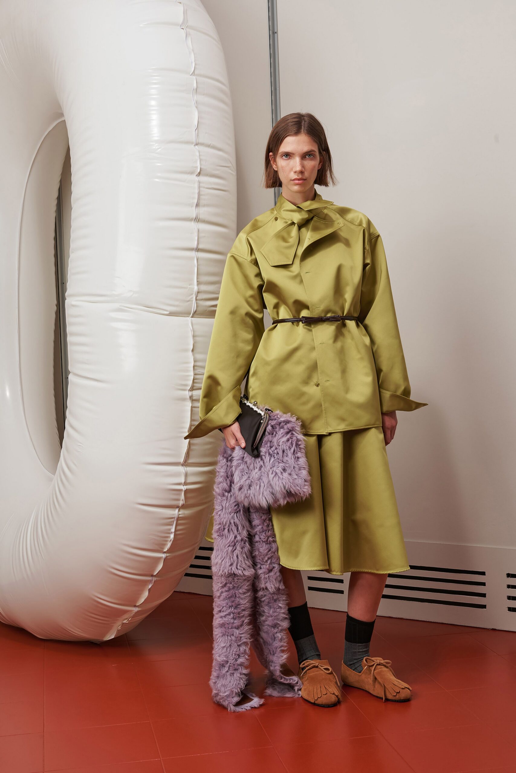 green cotton long-sleeve collared relaxed belted pleated dress