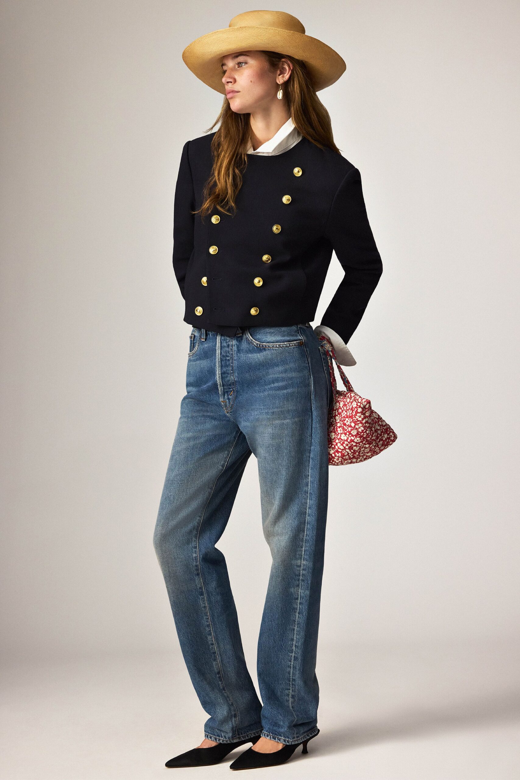 black cotton long-sleeve collared structured buttoned jacket