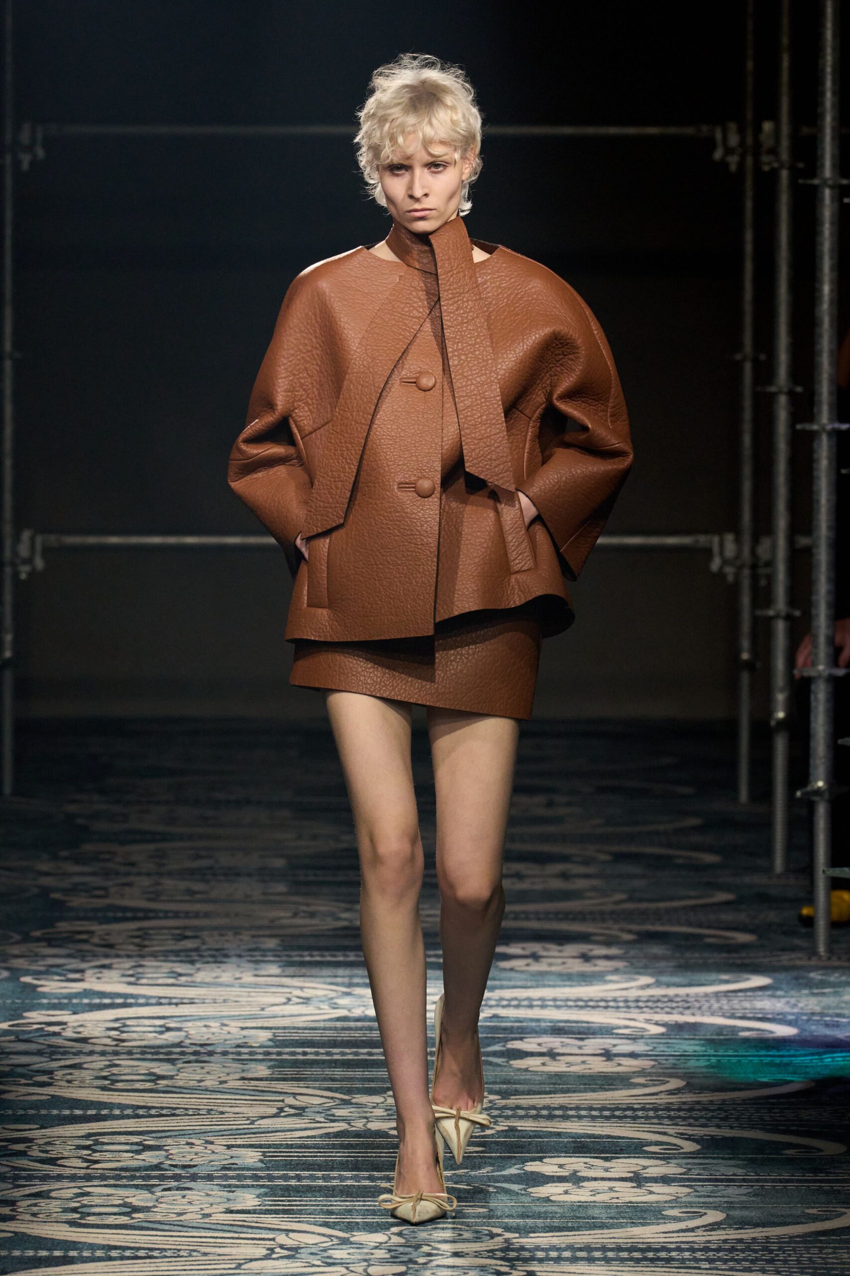 brown leather long-sleeve collared structured buttoned jacket
