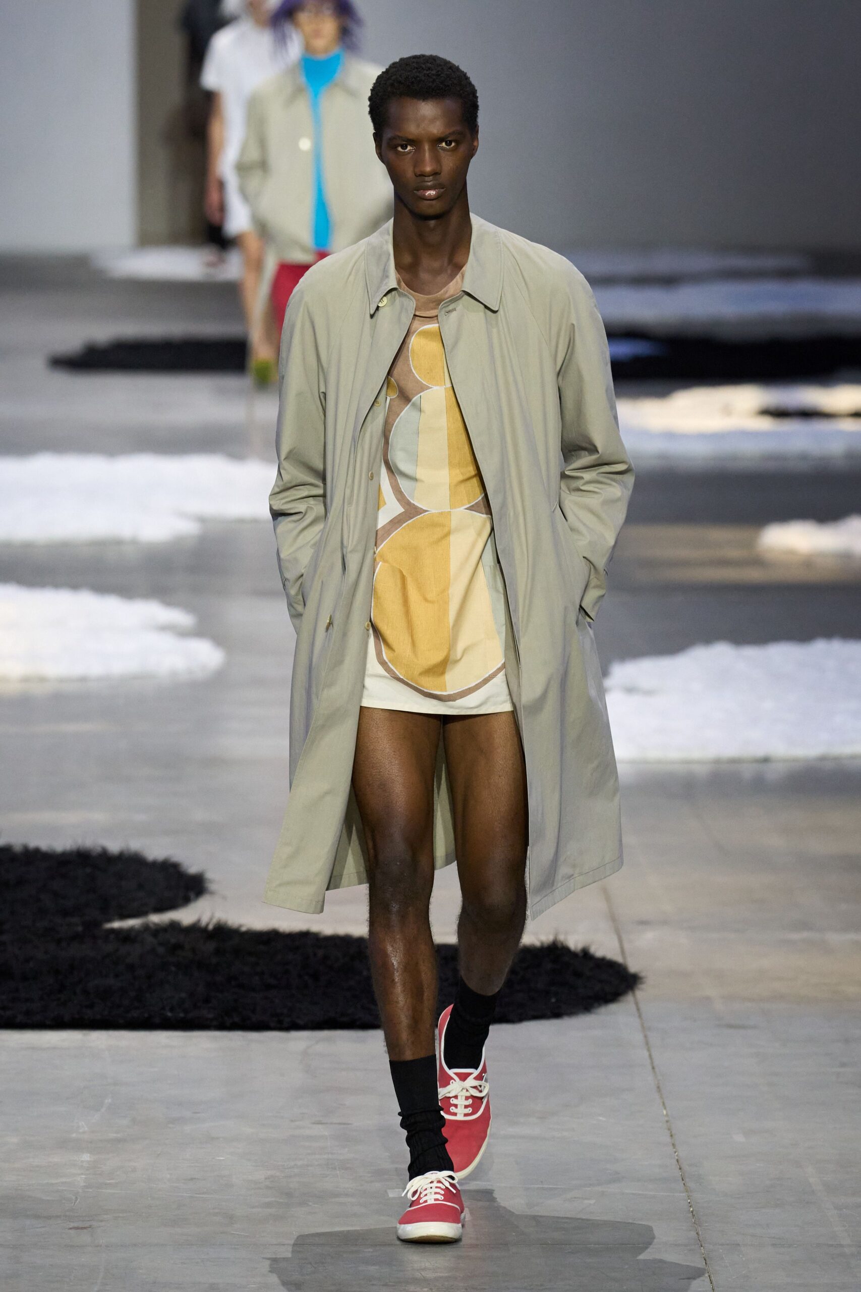 beige coat with multi t-shirt