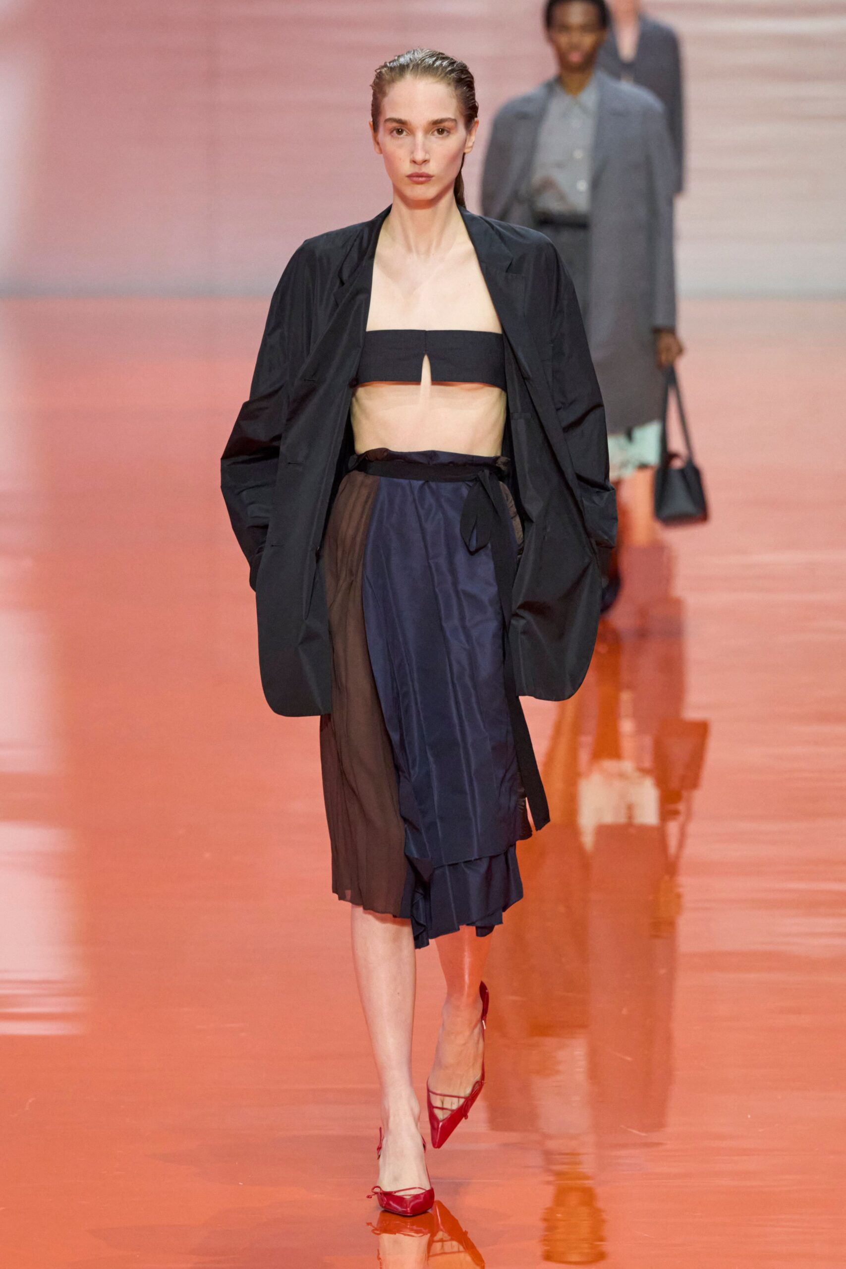 black silk top with asymmetric skirt