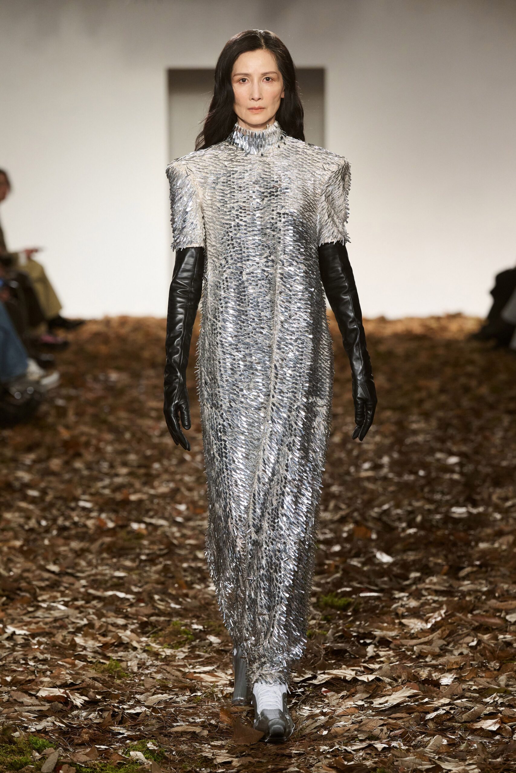 gray metallic long-sleeve high-neck fitted pleated shiny gown